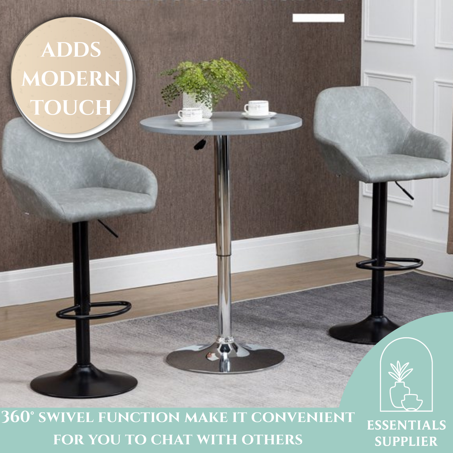 Set of 2 Grey PU Leather Adjustable Swivel Bar Stools with Footrest – Modern Counter Chairs