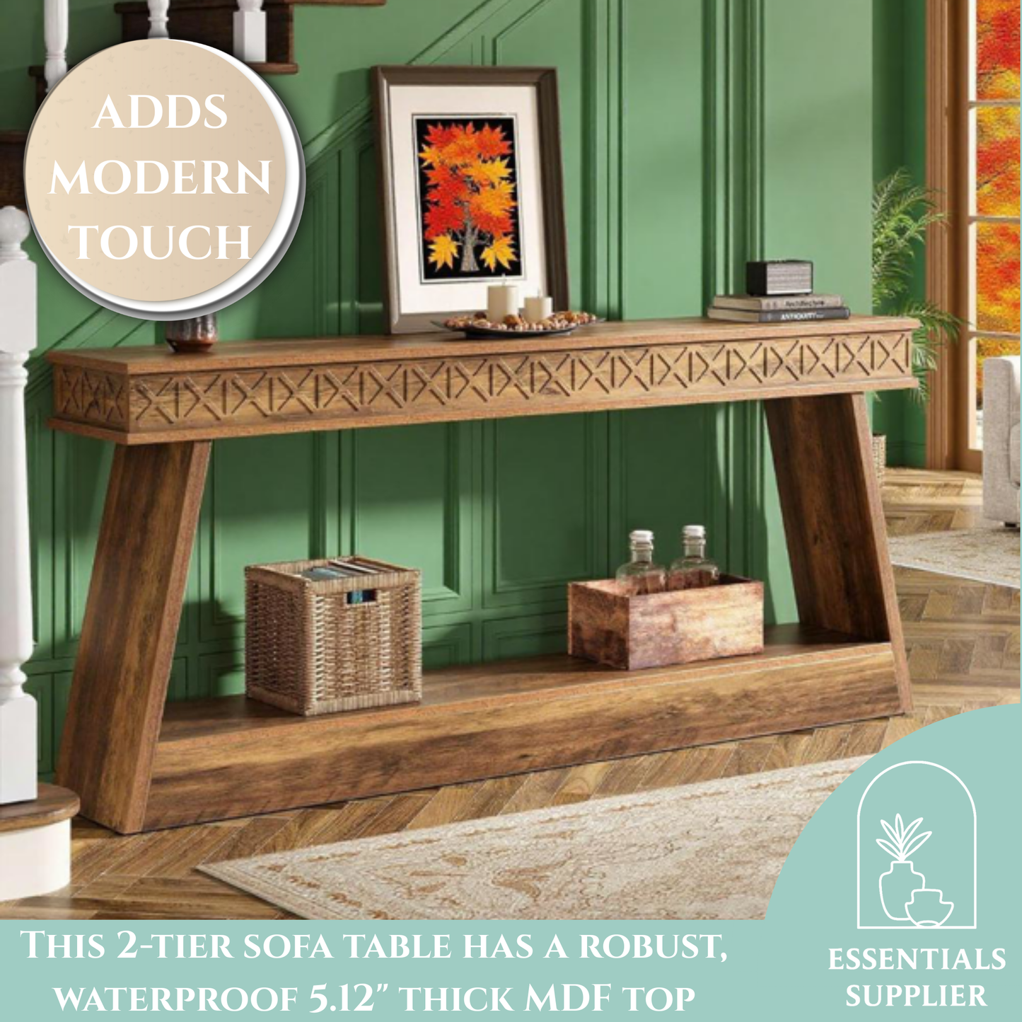 Rustic Brown 2-Tier Long Console Table – Farmhouse Style Entryway & Sofa Table