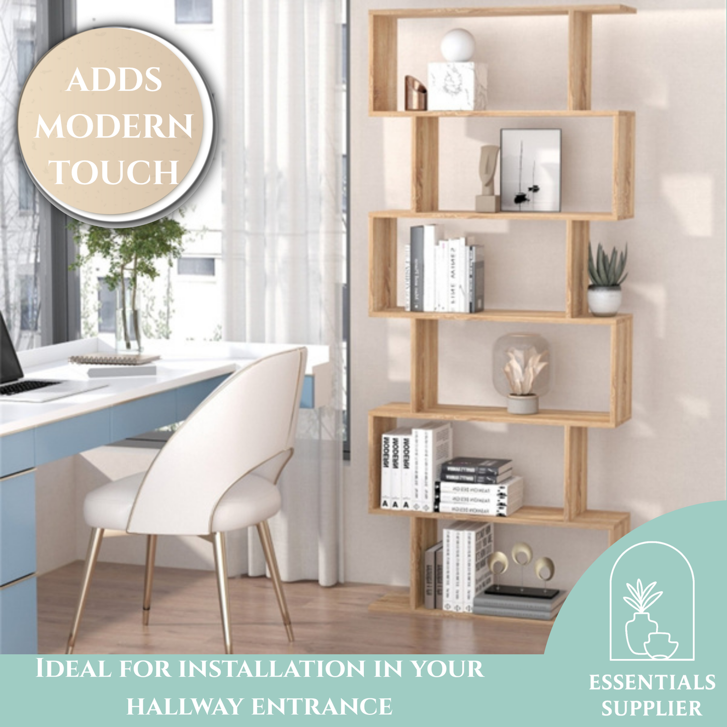 S-Shaped 6-Tier Oak Bookcase | Modern Display & Storage Shelf Cabinet