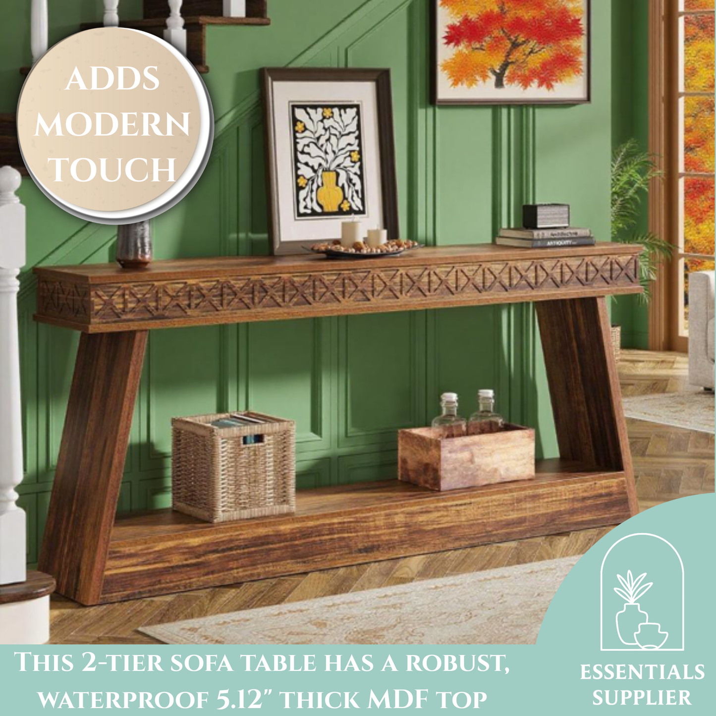 Dark Brown 2-Tier Long Console Table – Rustic Farmhouse Entryway & Sofa Display