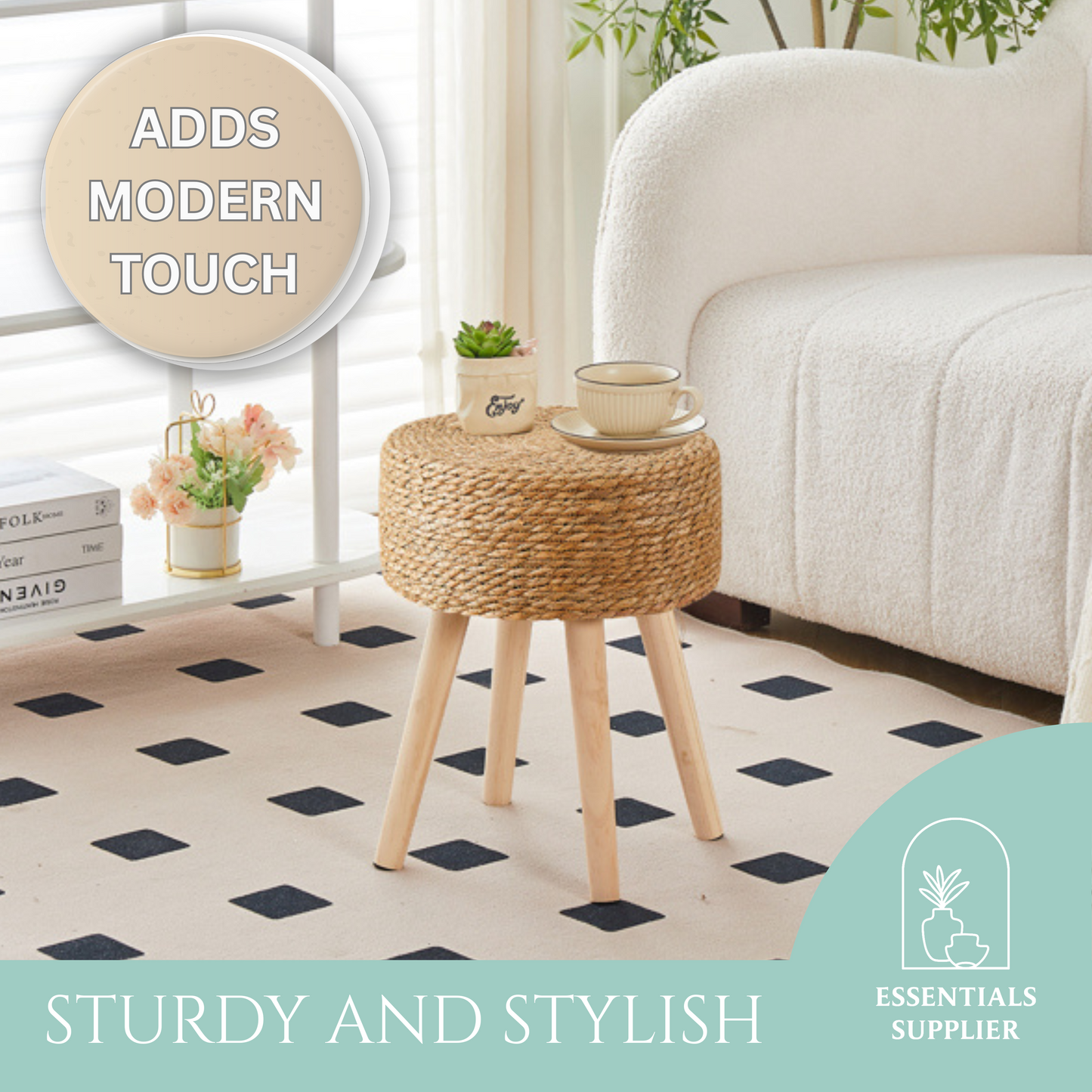 Essentials Supplier Seagrass Ottoman Footstool – Solid Wood Legs, Handwoven