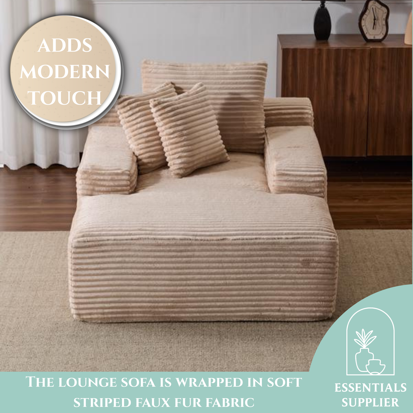 Oversized Chaise Lounge Chair – Plush Corduroy Cloud Couch with 3 Pillows, Beige
