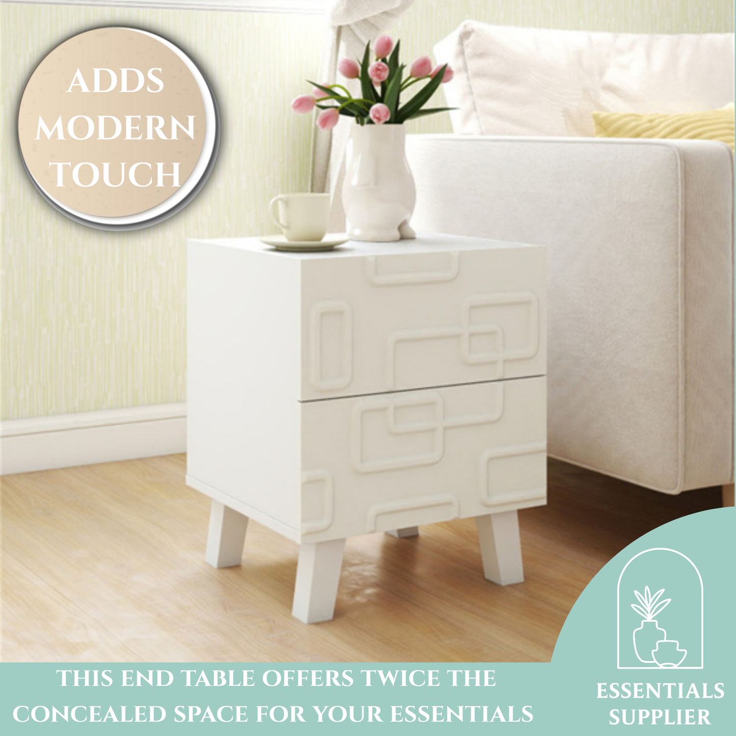 White Modern Nightstand with 2 Drawers – Geometric 3D Pattern Bedside Side Table