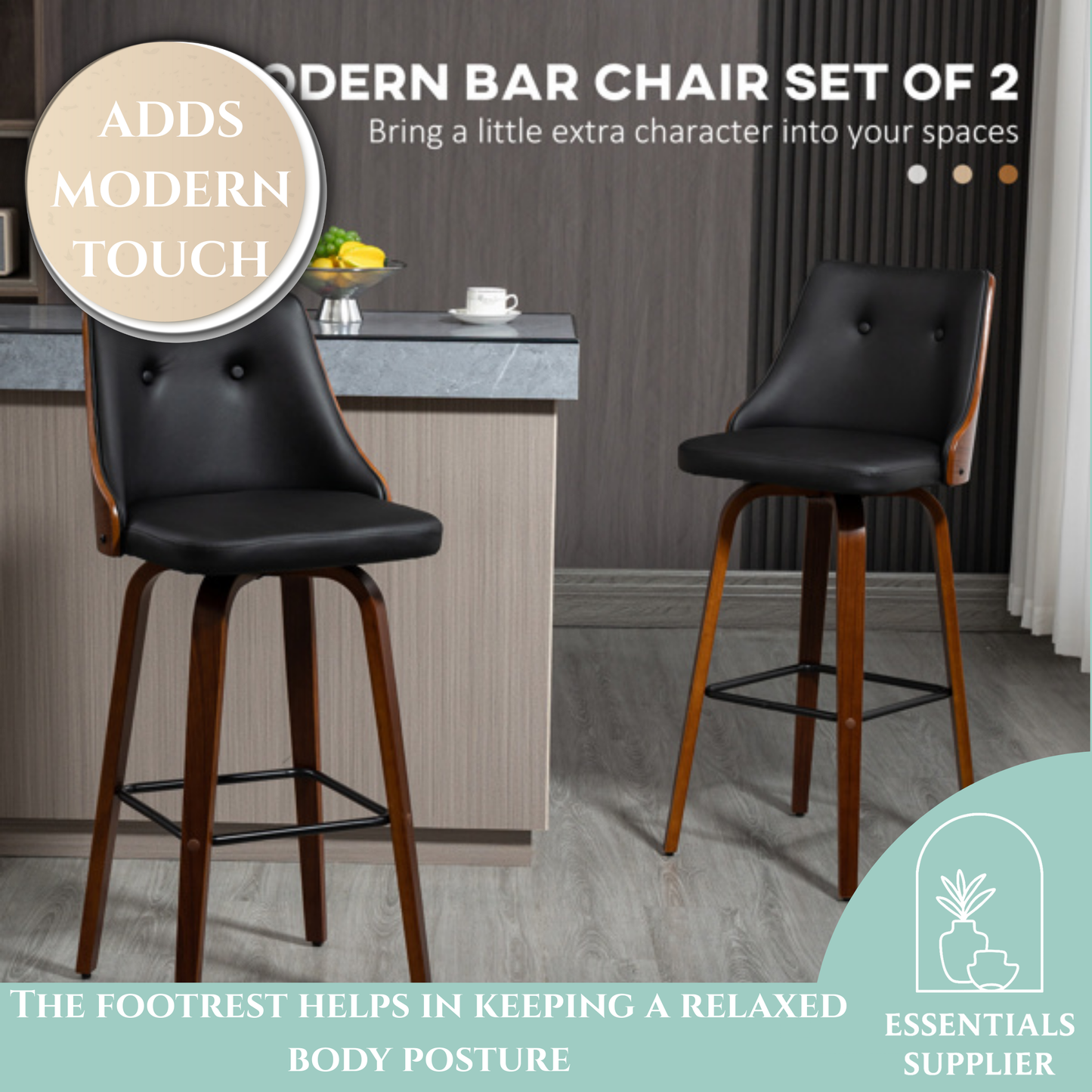 Set of 2 Black PU Leather Wingback Swivel Bar Stools with Tufted Back & Footrest