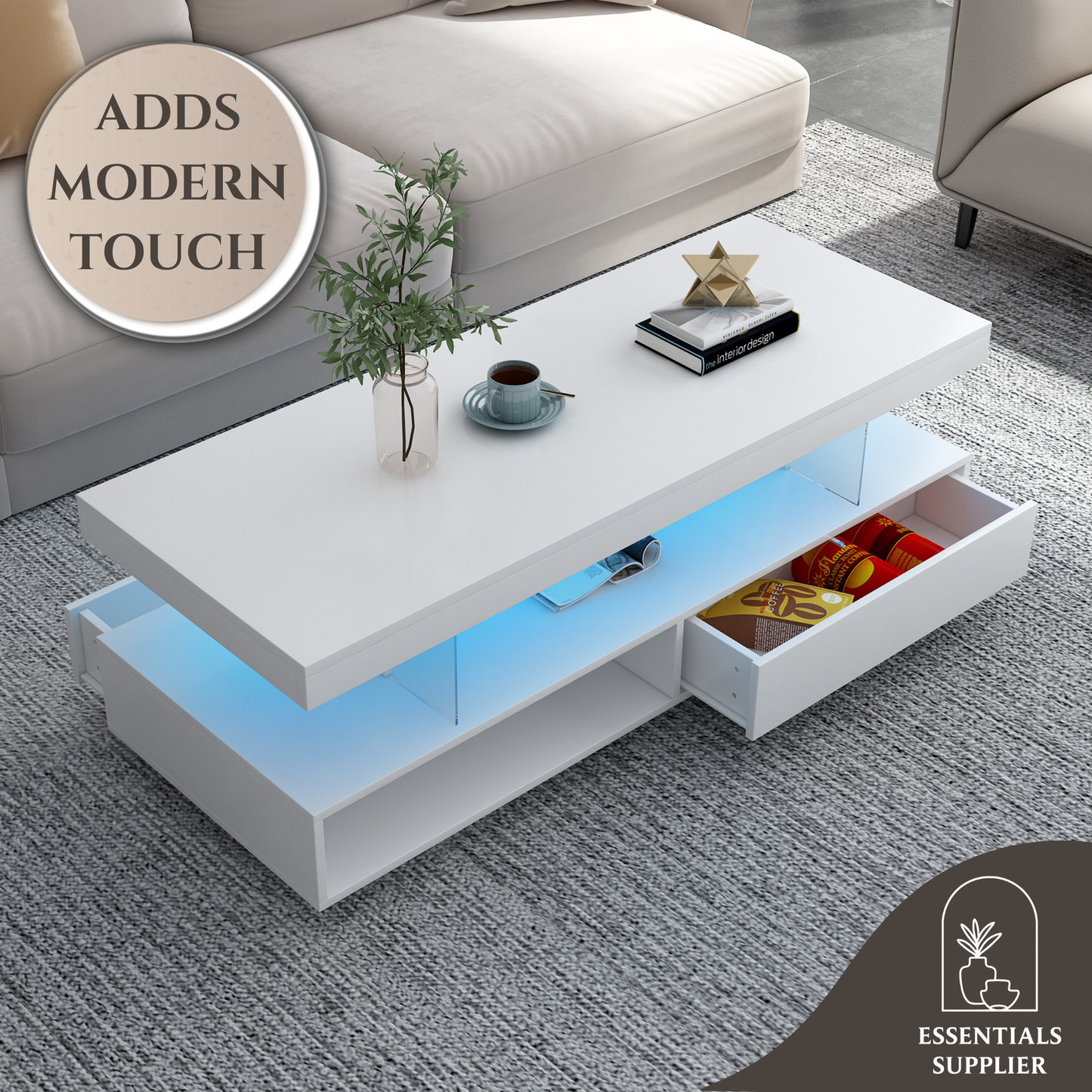 Modern LED Coffee Table with Storage, Drawers & Shelves for Living Room