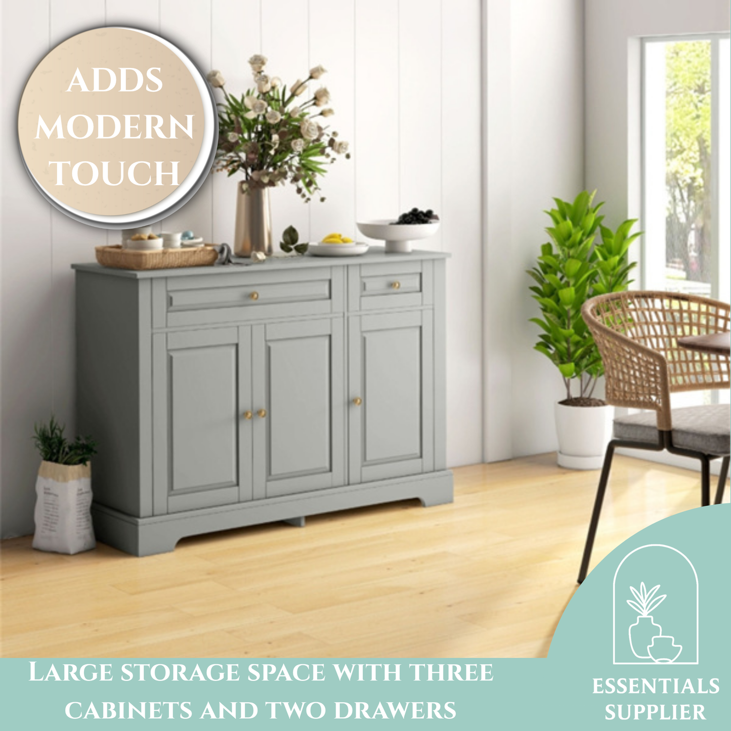 Gray Kitchen Storage Cabinet – 3 Doors, 2 Drawers, Adjustable Shelves