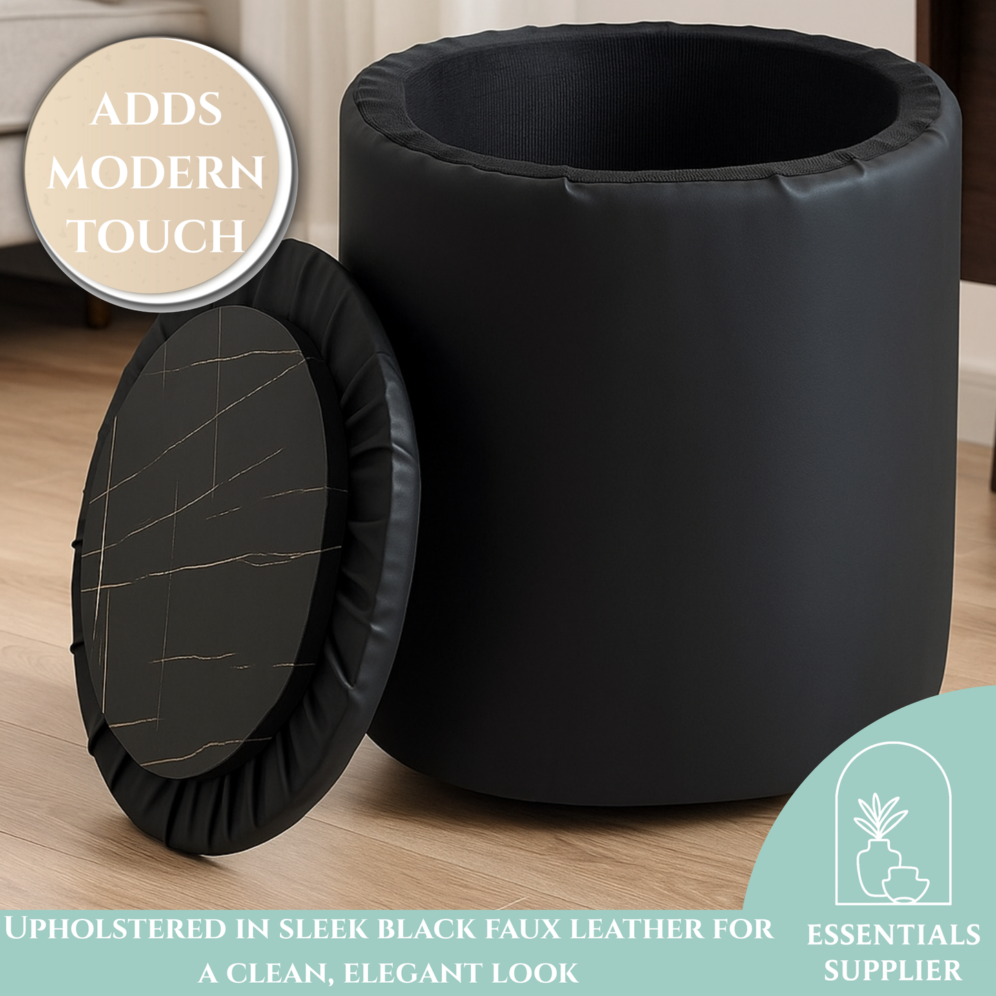 Black Faux Leather Round Storage Ottoman with Removable Lid
