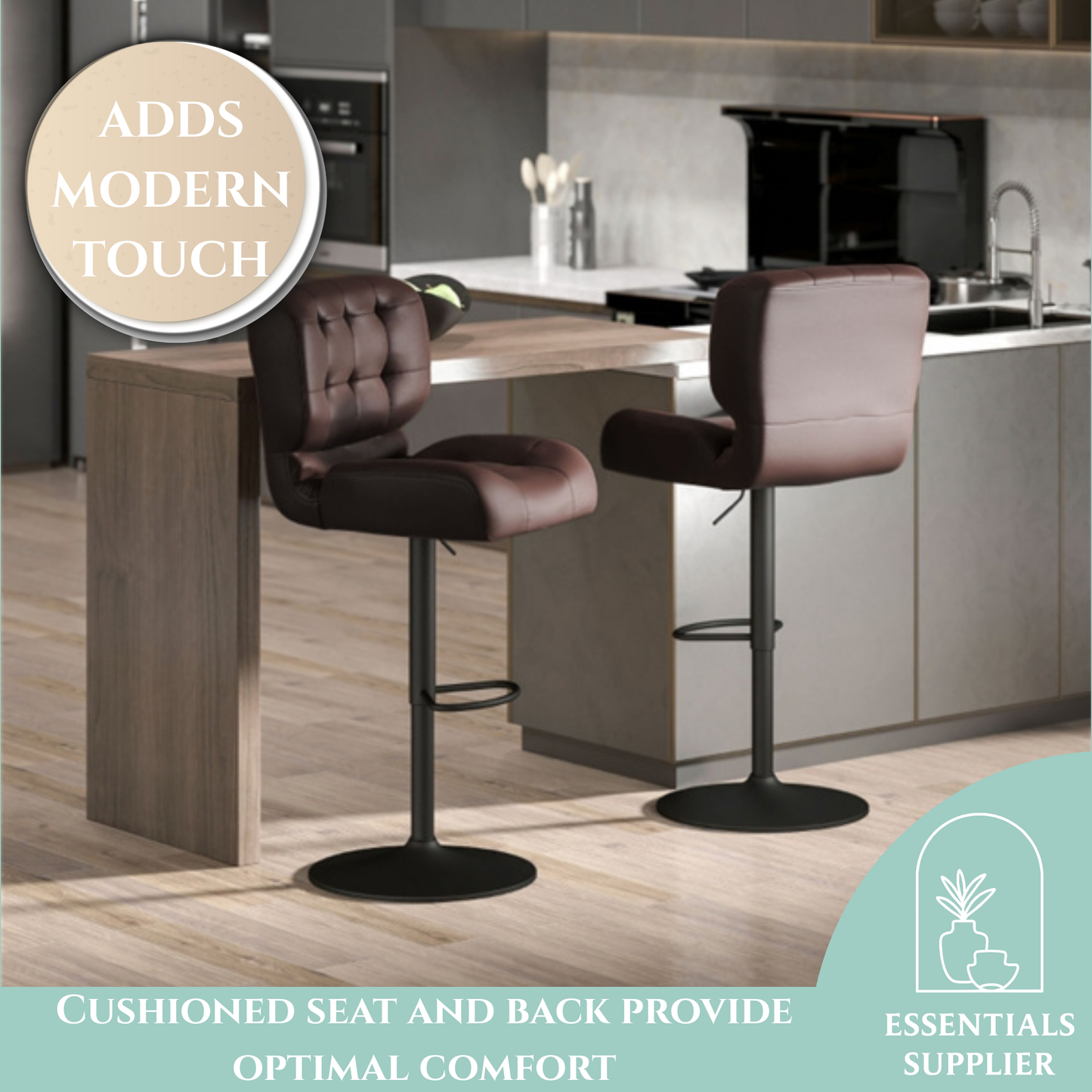 Set of 2 Adjustable Brown Bar Stools with Swivel Seats & Tufted Backrest