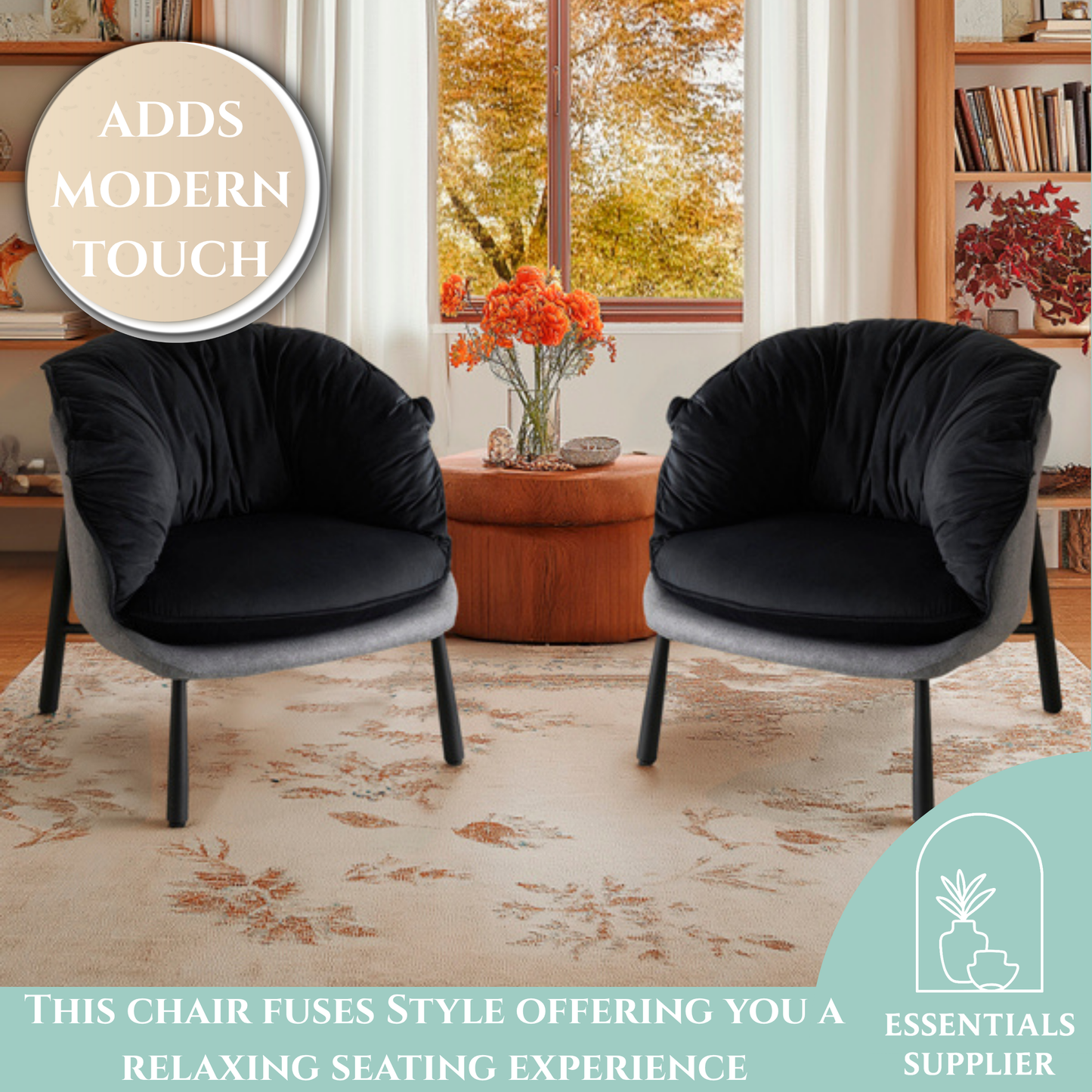Modern Velvet Barrel Accent Chair with Metal Legs – Black Armchair