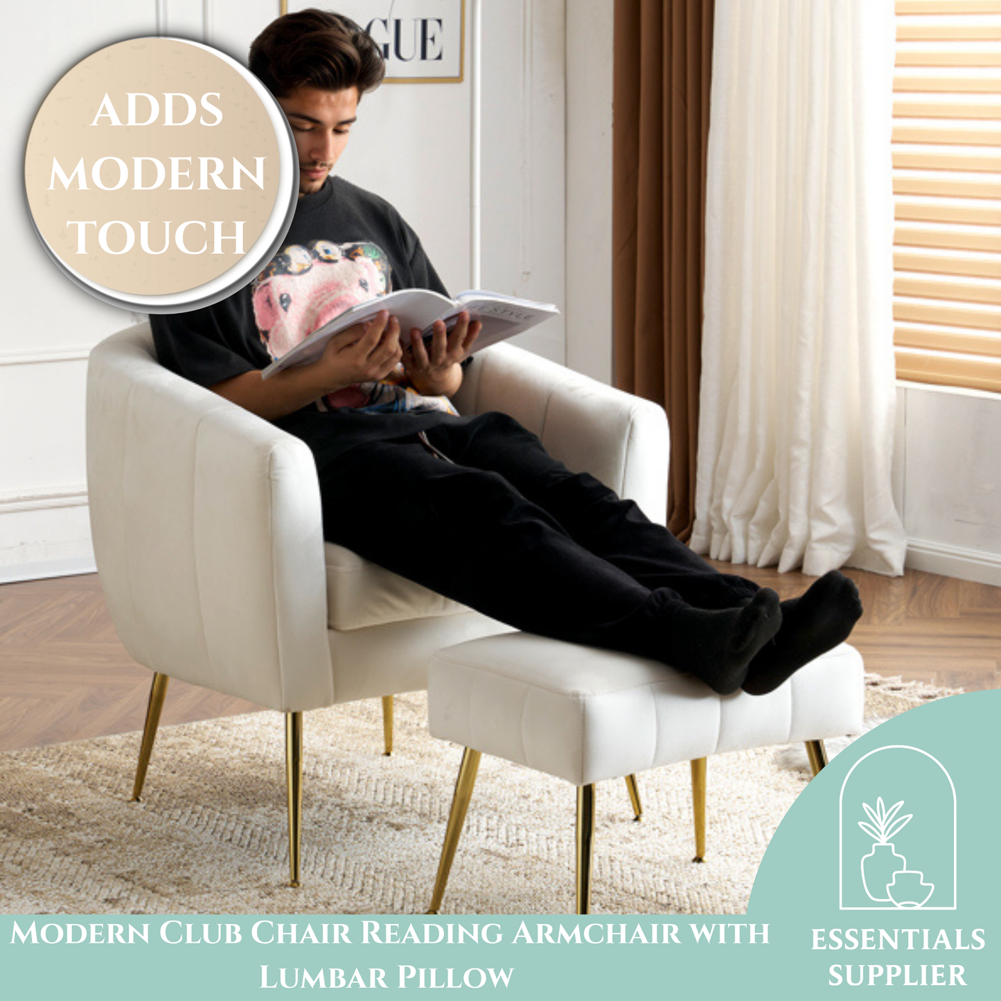 Velvet Barrel Chair with Ottoman & Lumbar Pillow – Off White Accent Set