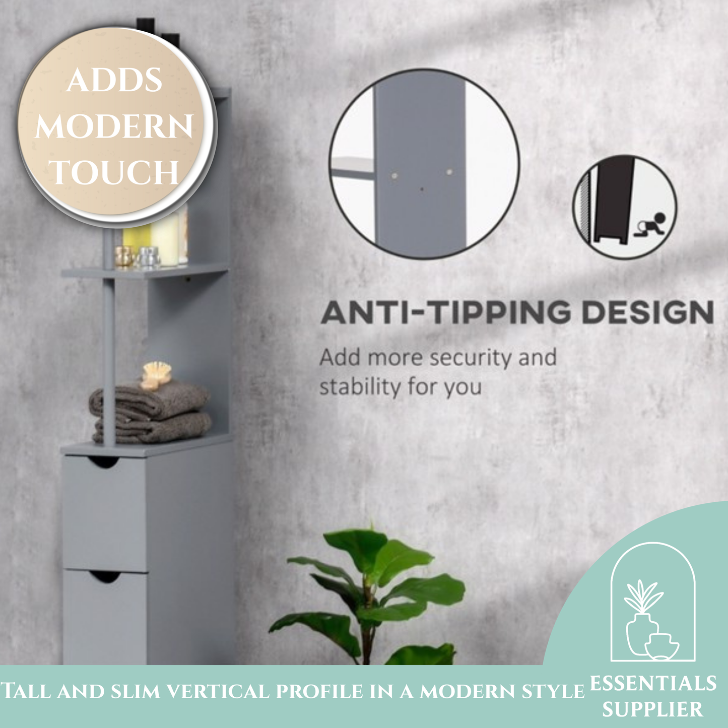 Grey Bathroom Storage Cabinet with Shelves – Compact Organizer Unit