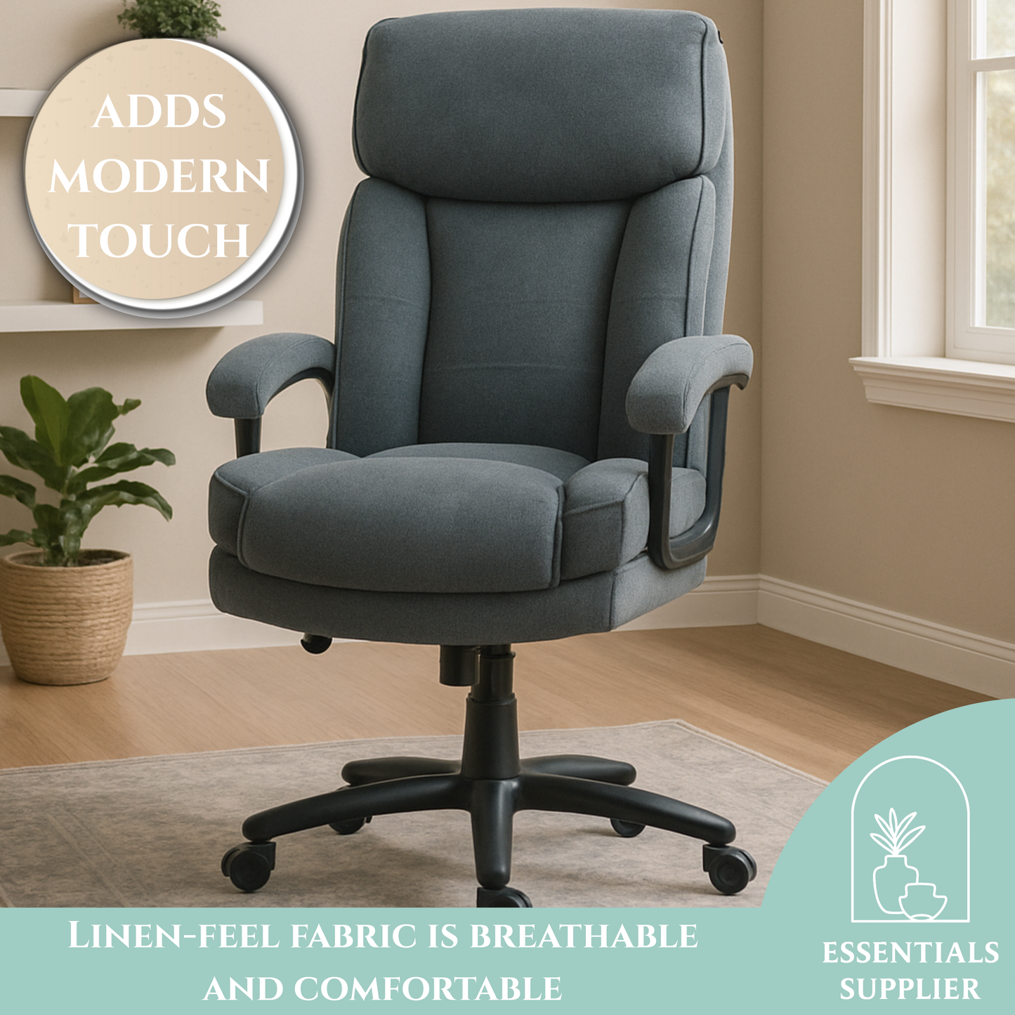Pebble Grey Reclining Office Chair with Footrest & High-Back Linen-Feel Padding