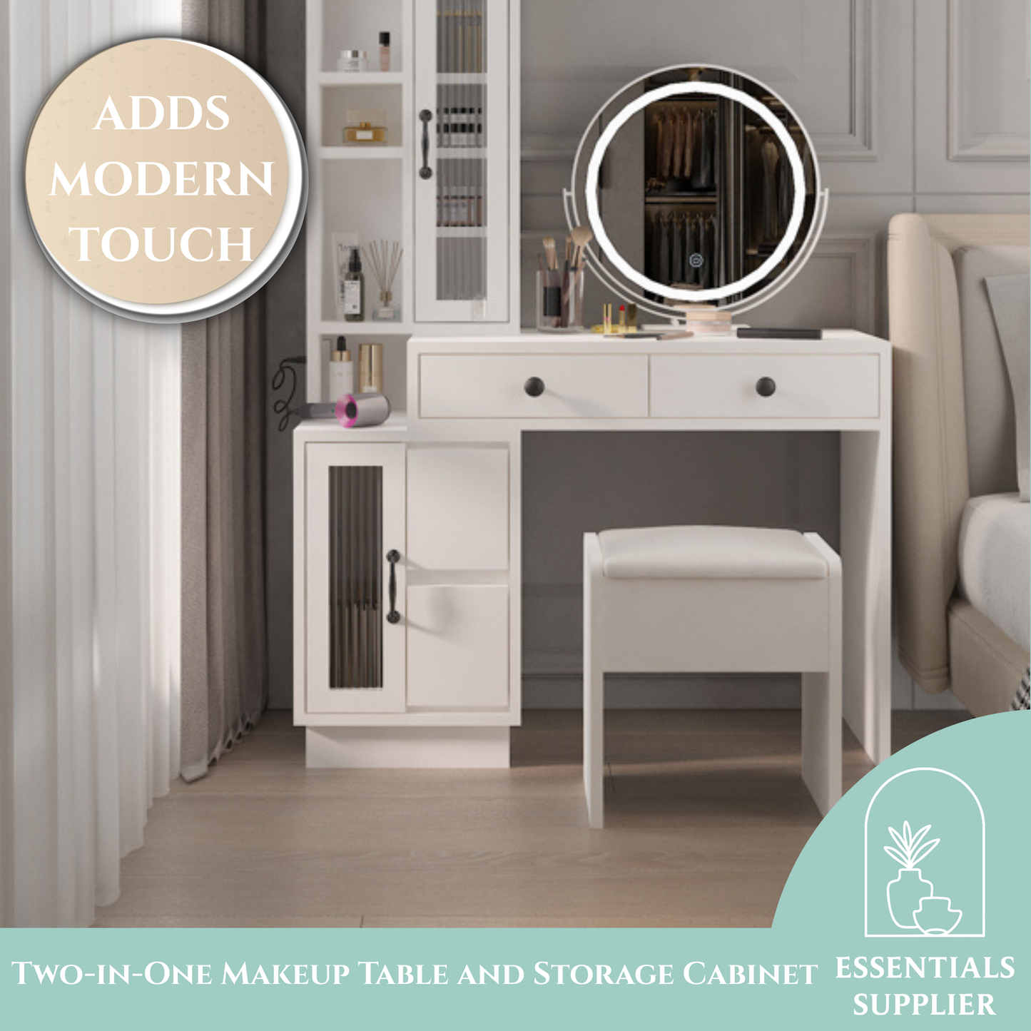 Modern Vanity Table Set w/ LED Mirror, Side Cabinet & Outlets, 3 Lights