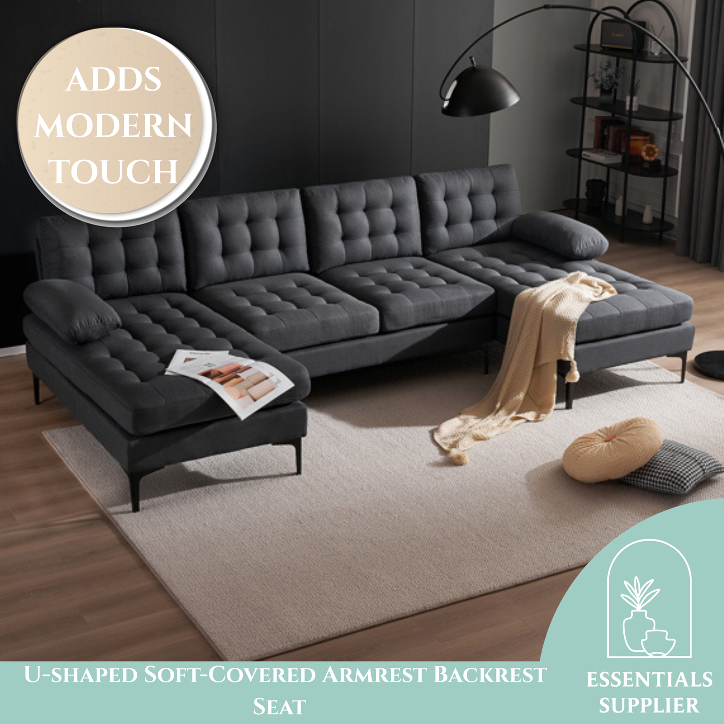 U-Shaped Sectional Sofa – Dark Gray Upholstery, Wooden & Iron Frame with Black L