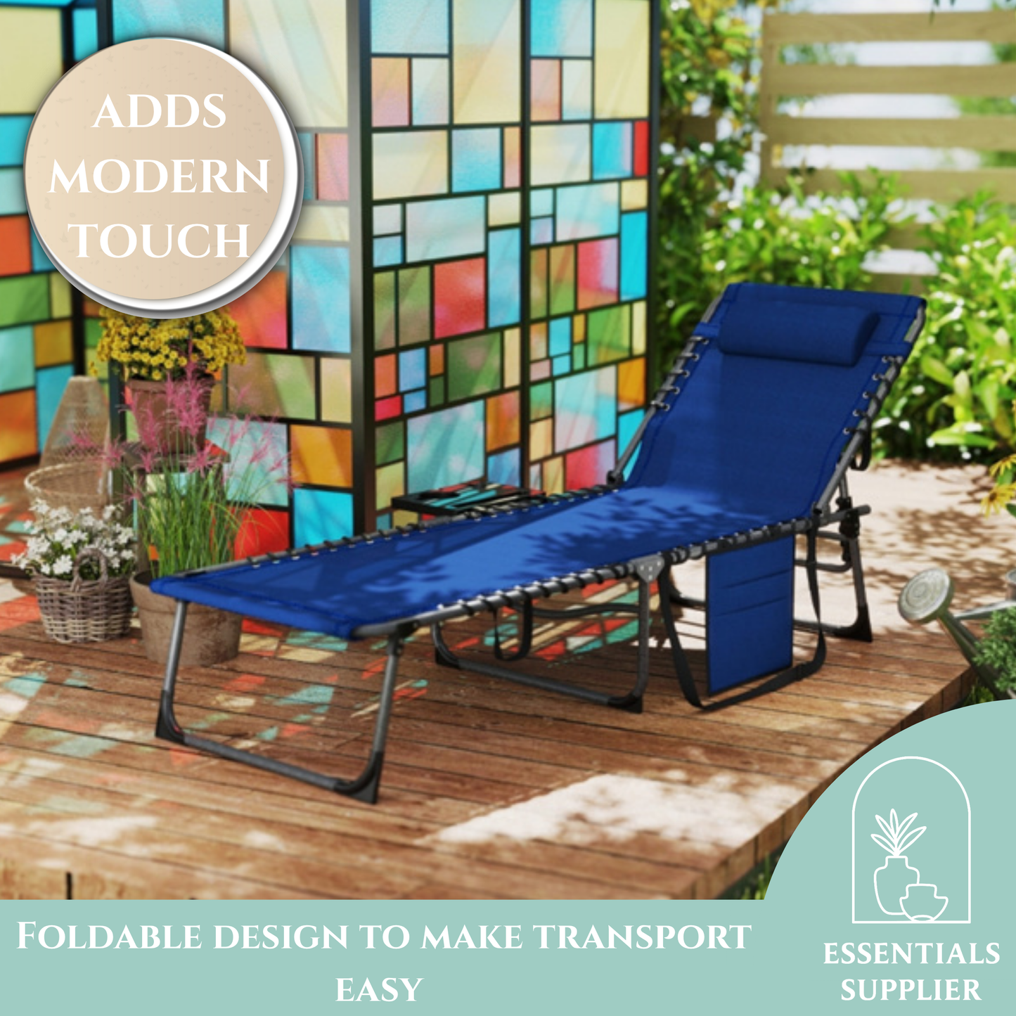 Dark Blue Reclining Foldable Lounge Chair with Pillow & Mesh Fabric