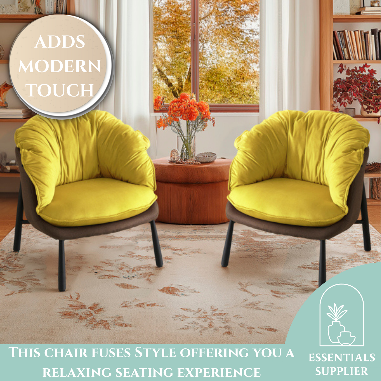 Modern Velvet Barrel Accent Chair with Metal Legs – Yellow Armchair