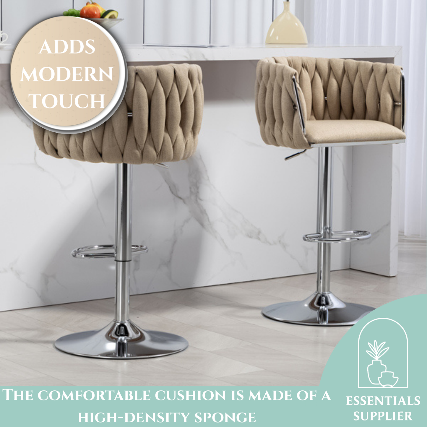 Set of 2 360° Swivel Fabric Bar Stools with Woven Back, Adjustable Height, Beige