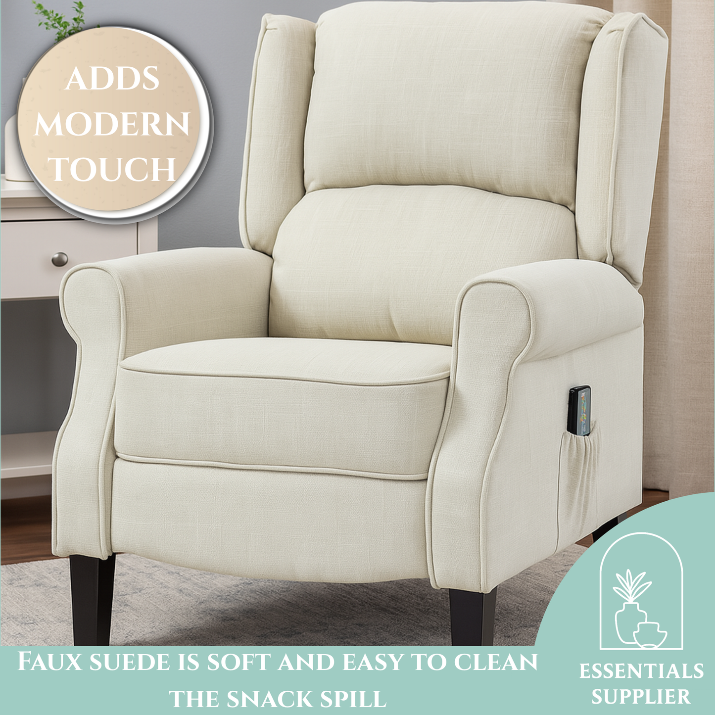 Heated Massage Recliner Chair with Lumbar Support – Manual Pushback, Off White