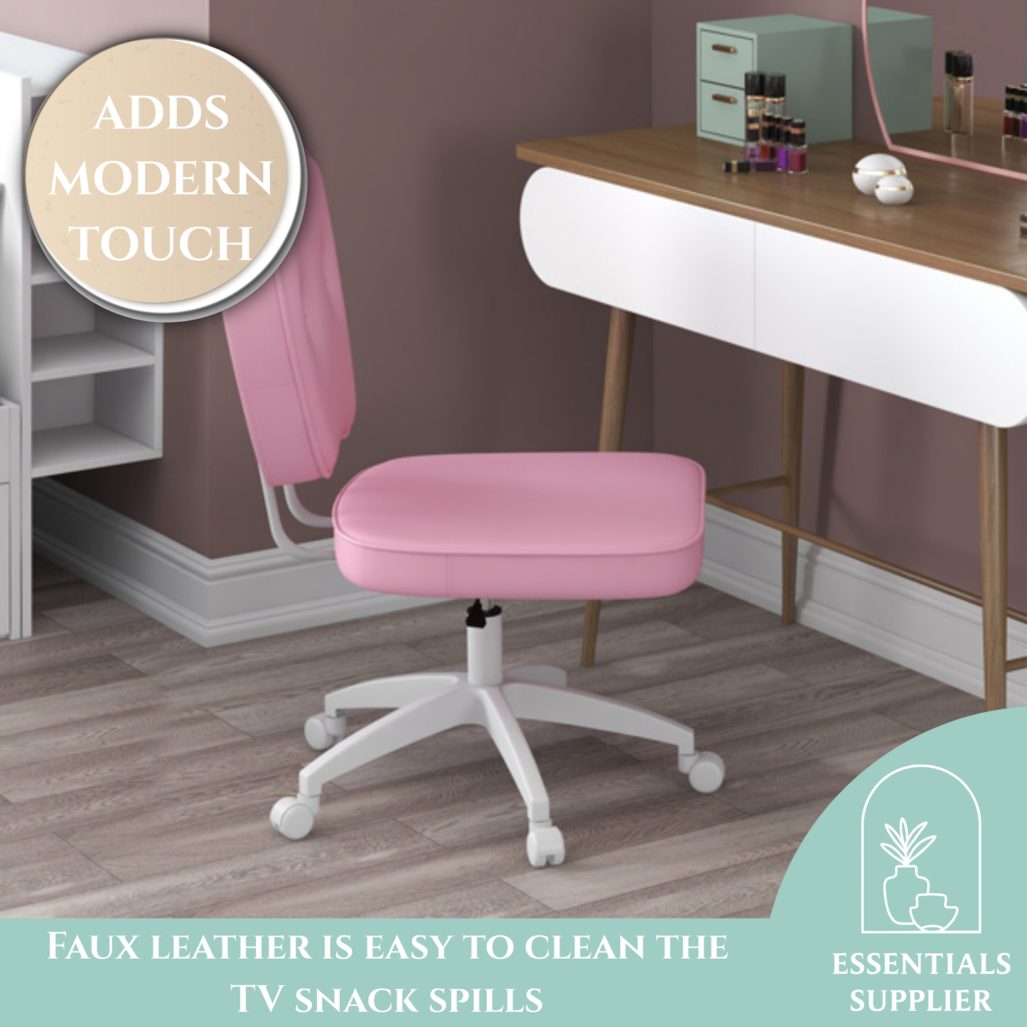 Pink Faux Leather Office Chair with Adjustable Height & Curved Backrest