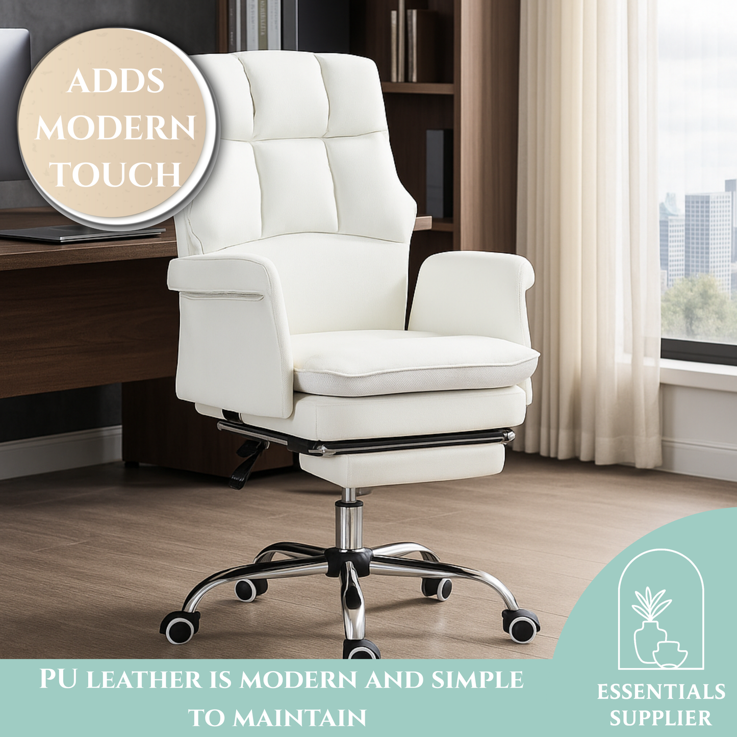White Massage Office Chair with Reclining Back, Footrest & PU Leather Finish