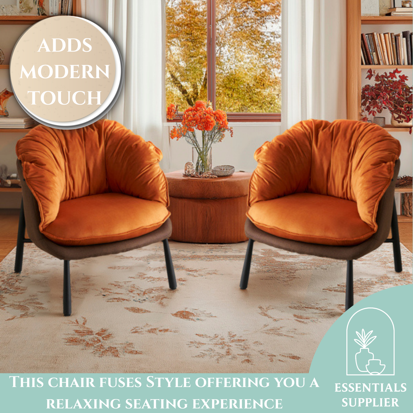 Modern Velvet Barrel Accent Chair with Metal Legs – Burnt Orange Armchair