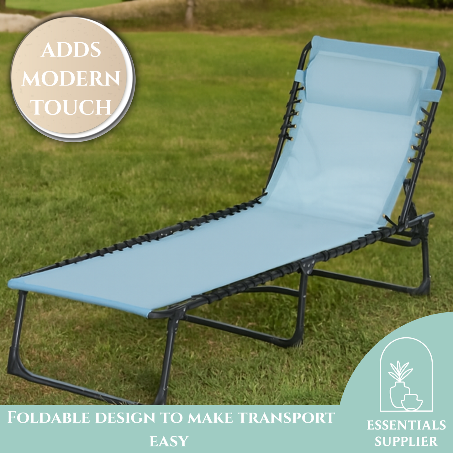 Blue Reclining Foldable Lounge Chair with Pillow & Mesh Fabric
