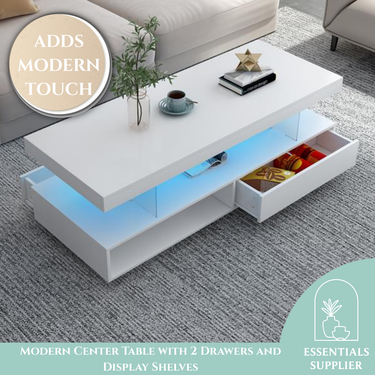 Modern LED Coffee Table with Storage, Drawers & Shelves for Living Room