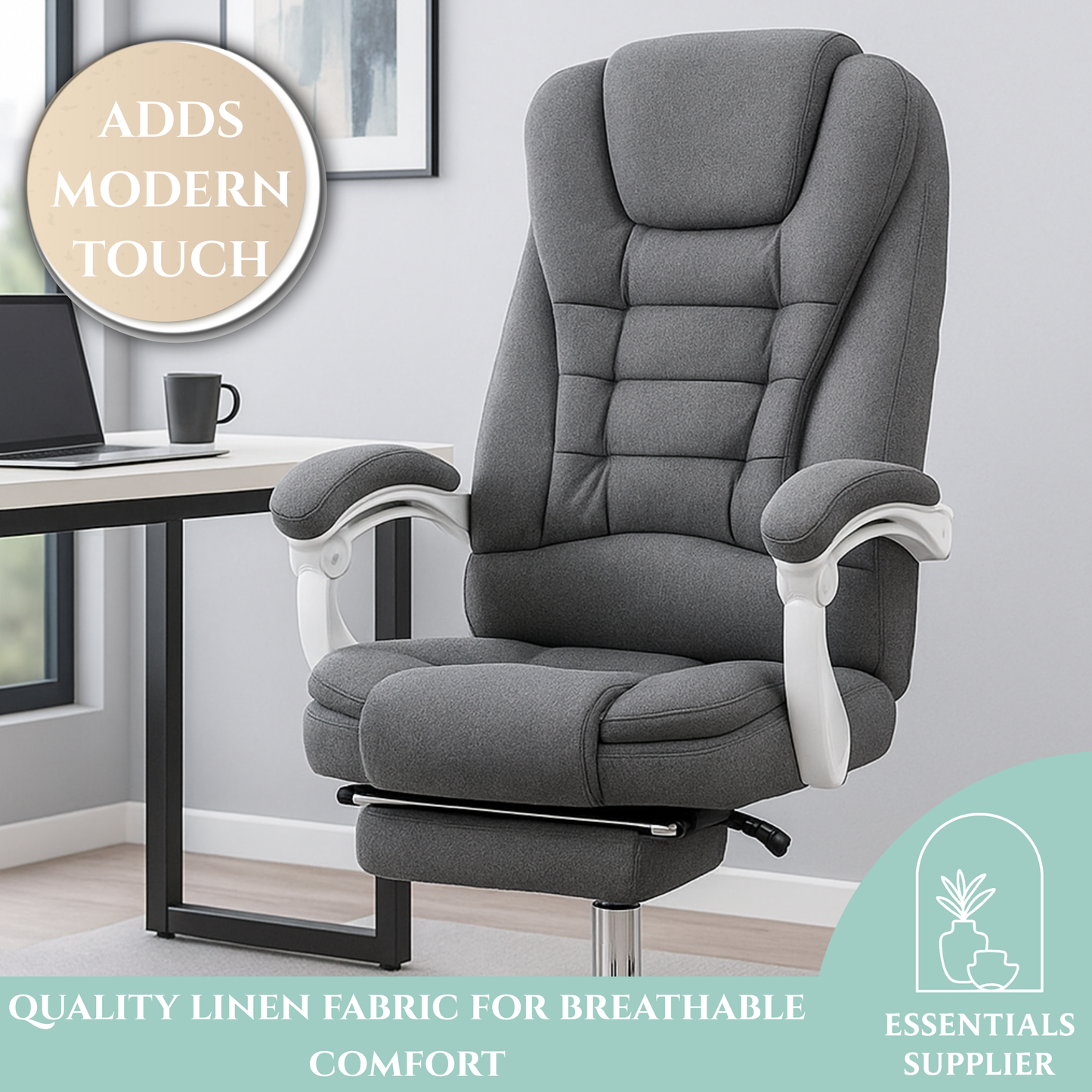 Pebble Grey High-Back Reclining Office Chair with Footrest & Linen Upholstery