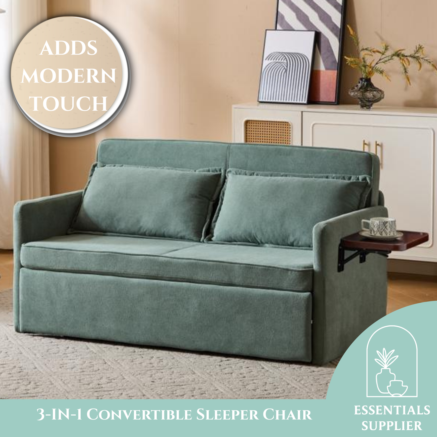 3-in-1 Sleeper Chair Bed with Tray & USB, Convertible Sofa in Light Green