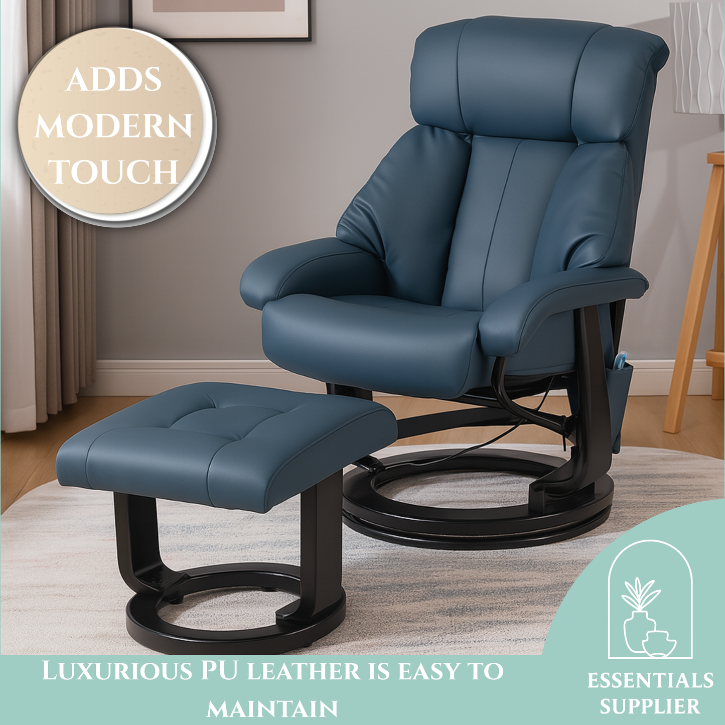 PU Leather Massage Recliner Chair with Ottoman & Remote, Blue