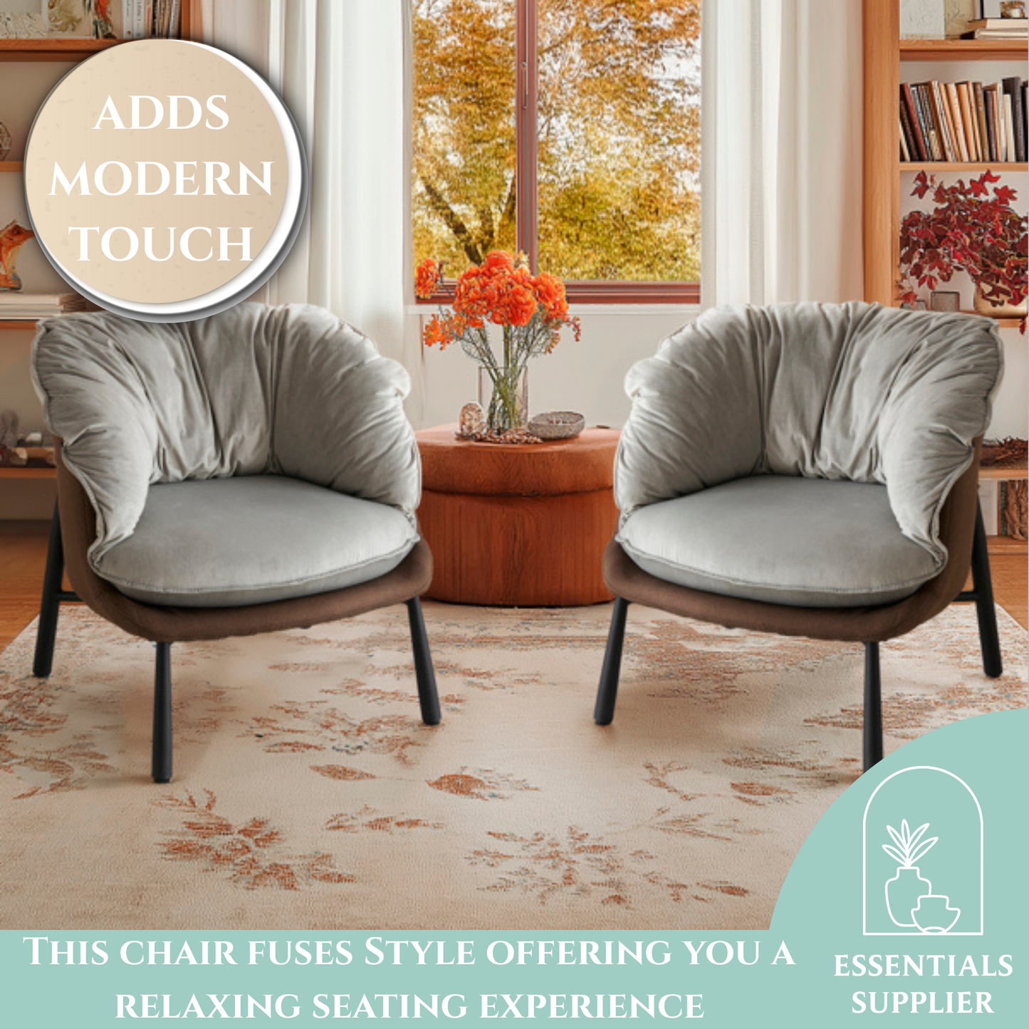 Modern Velvet Barrel Accent Chair with Metal Legs – Gray Armchair