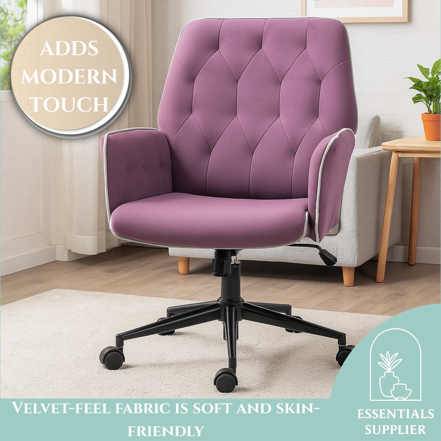 Purple Velvet Office Chair – Adjustable Height with Rocking Back & Armrests