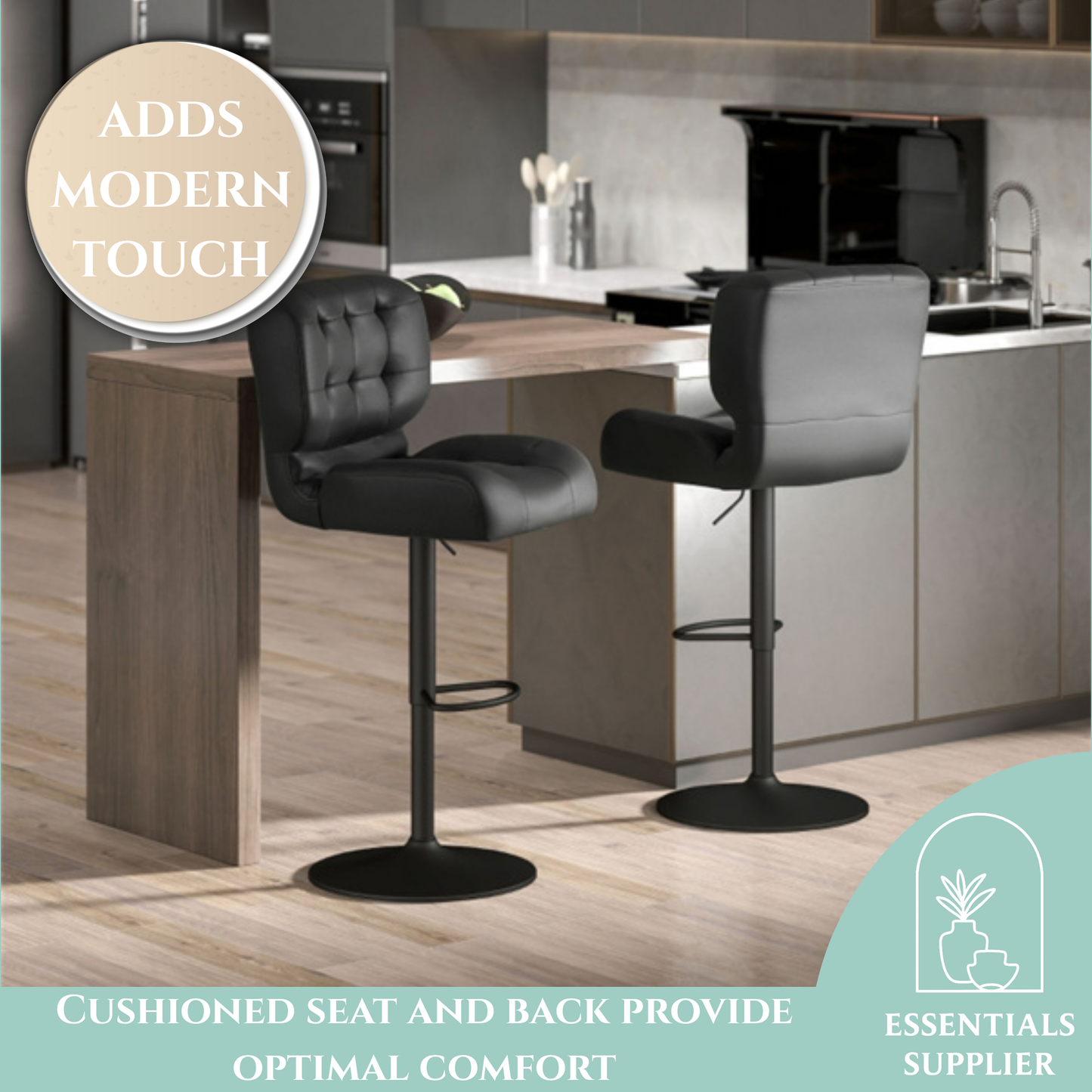 Set of 2 Adjustable Black Bar Stools with Swivel Seats & Tufted Backrest