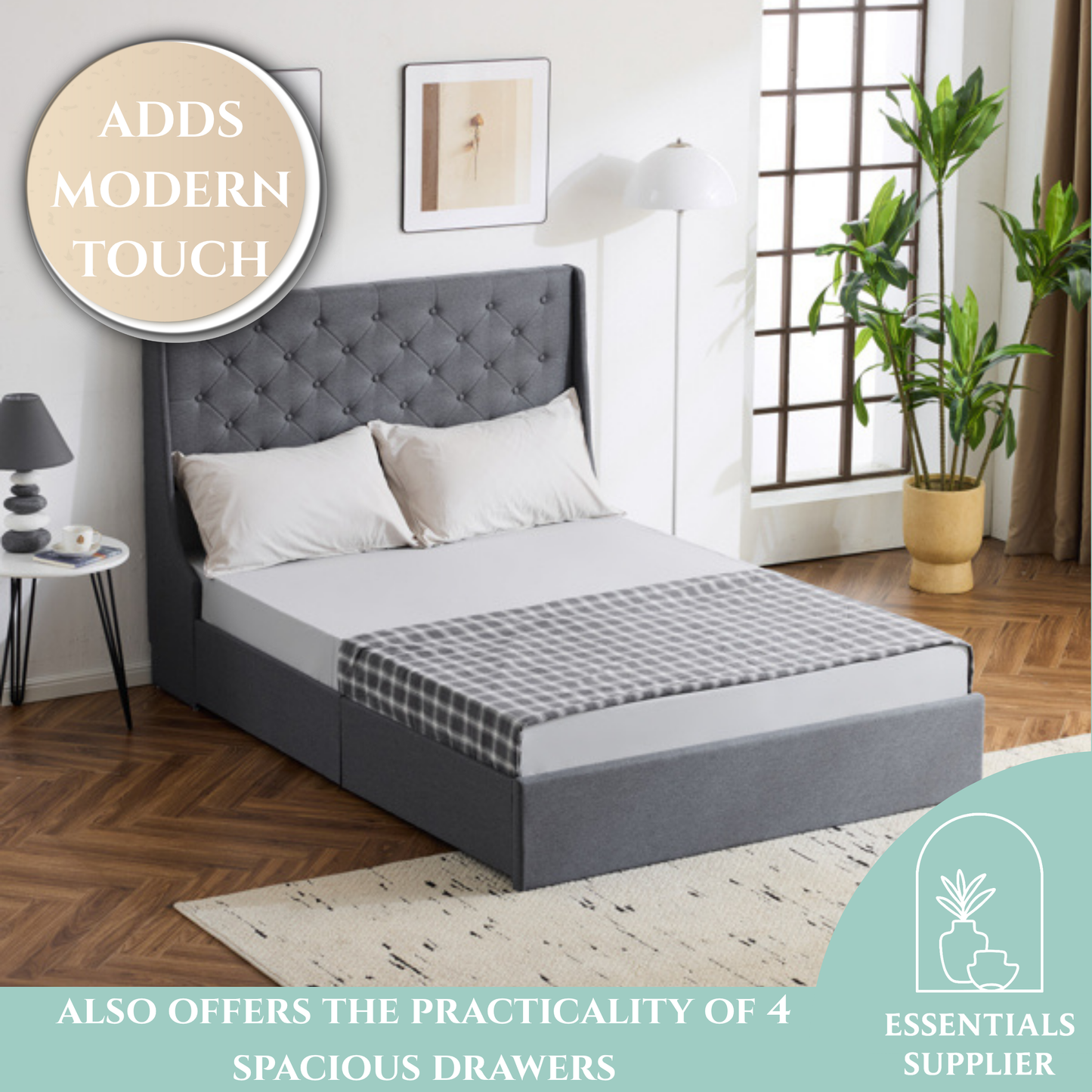 Queen Upholstered Storage Bed Frame with 4 Drawers & Wingback Tufted Headboard