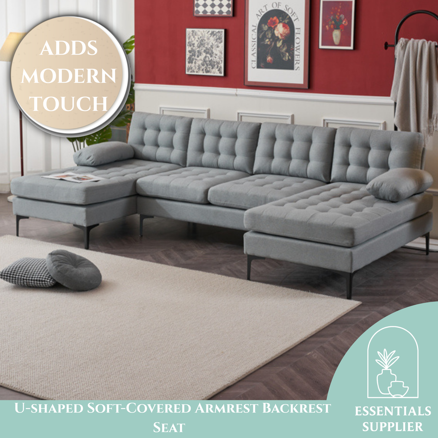 U-Shaped Sectional Sofa – Soft Armrest & Backrest, Wooden & Iron Frame with Gold Legs, Beige Upholstery