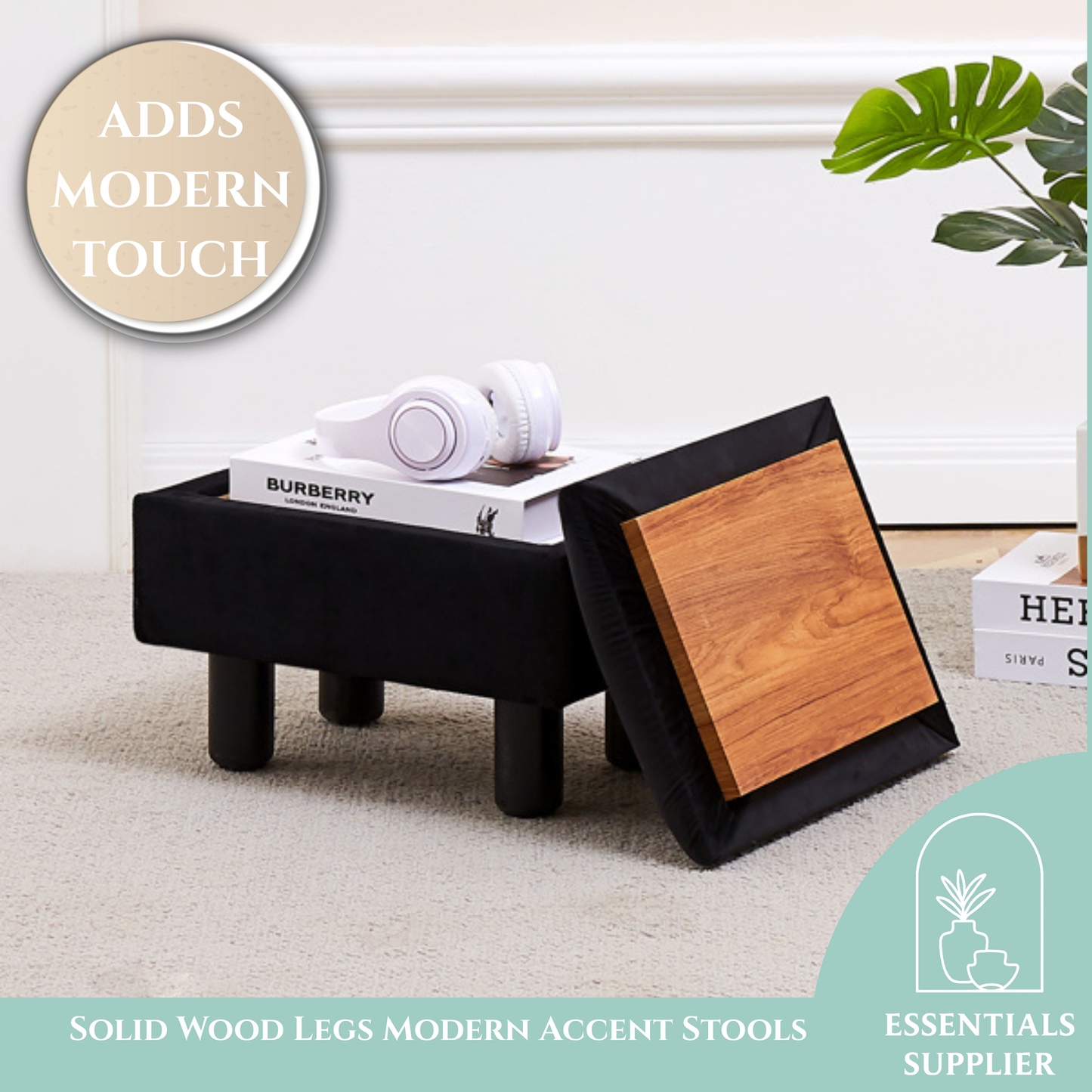 Linen Storage Ottoman Foot Stool – Black Step Seat with Solid Wood Legs