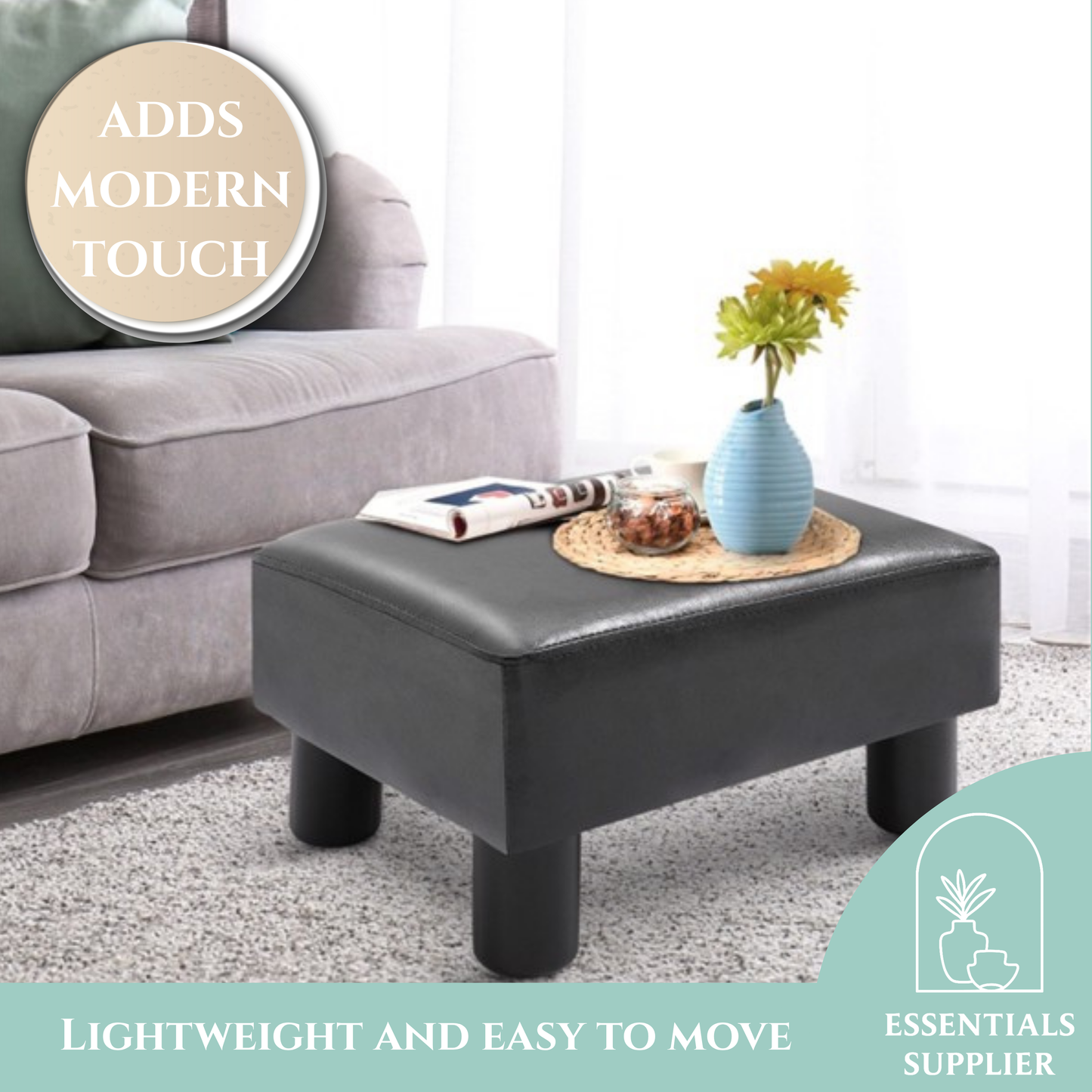 Black Faux Leather Foot Rest Ottoman – Chic, Lightweight & Durable