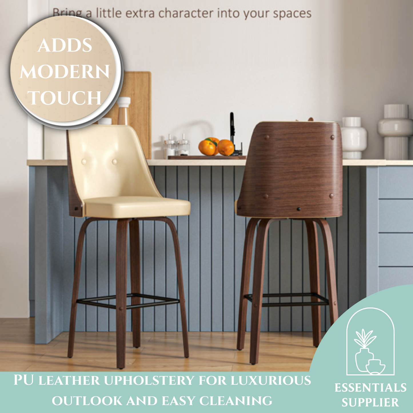 Set of 2 Beige PU Leather Wingback Swivel Bar Stools with Tufted Back & Footrest