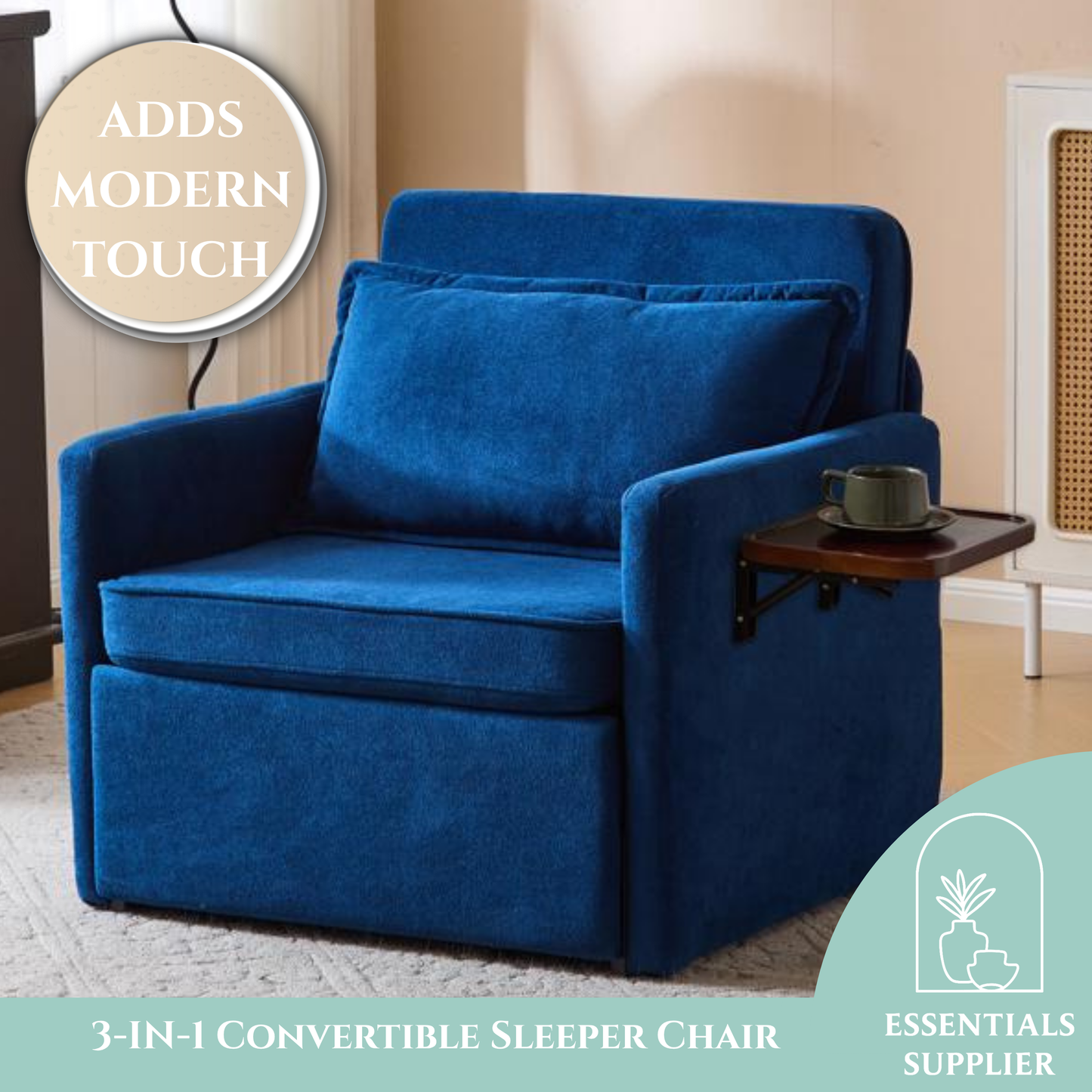 3-in-1 Sleeper Chair Bed with USB Tray, Blue Fabric Convertible Sofa