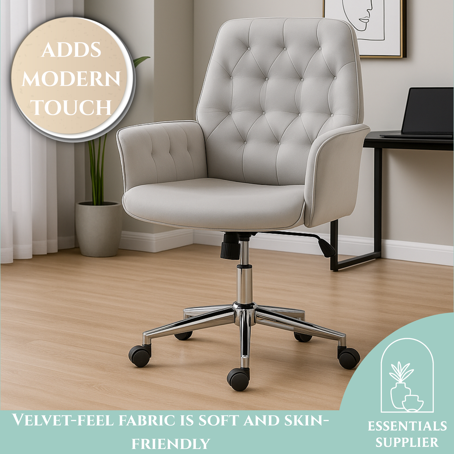 Grey Velvet Office Chair – Adjustable Height with Rocking Back & Armrests