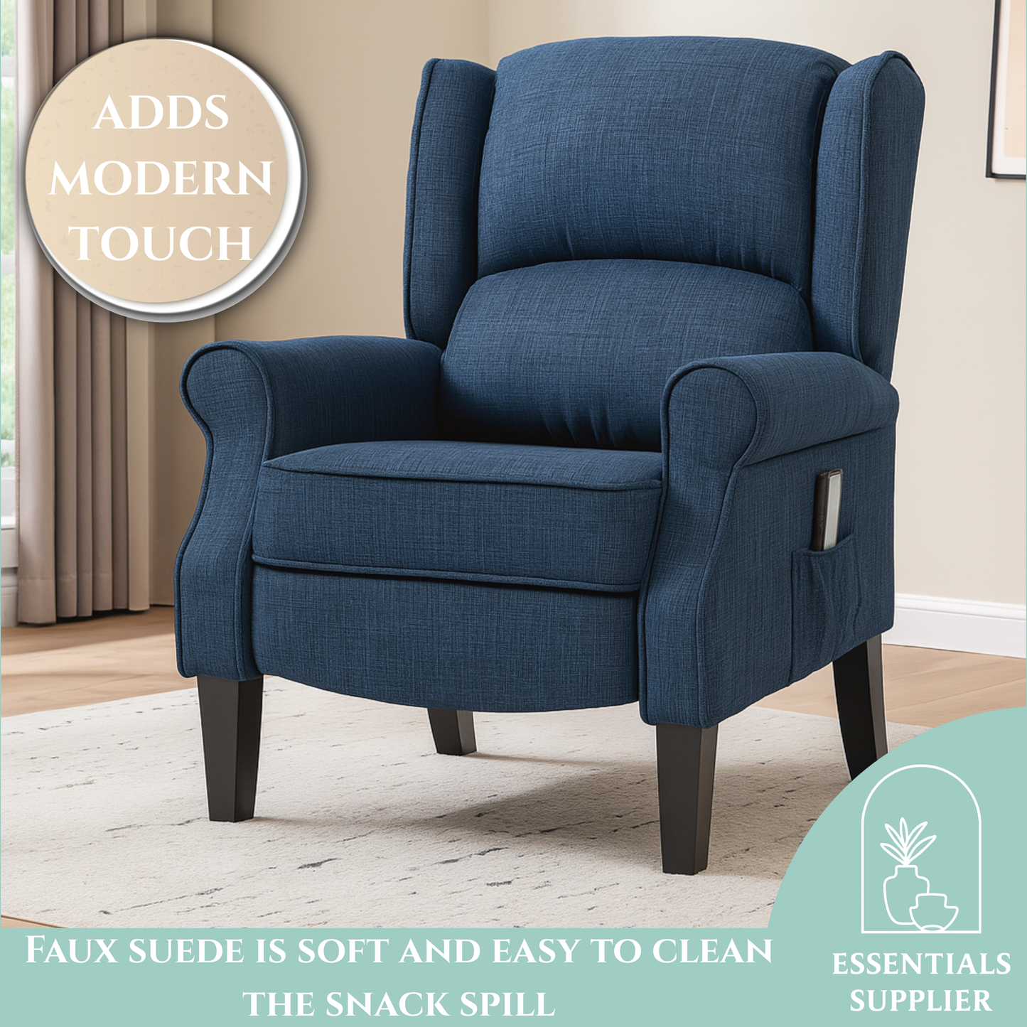 Heated Massage Recliner Chair with Lumbar Support – Manual Pushback, Blue
