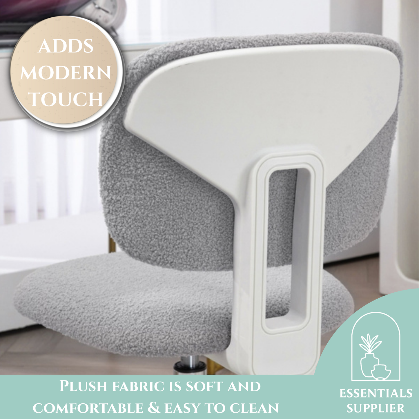 Light Gray Plush Office Chair with Adjustable Height & Soft Curved Backrest