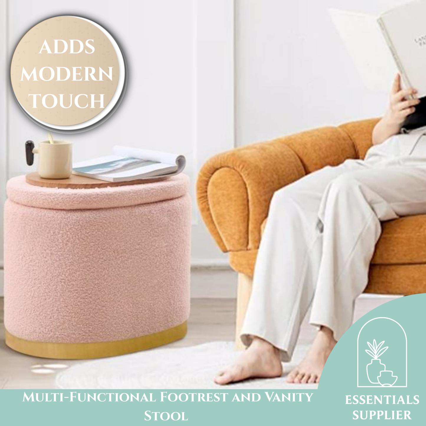 Round Storage Ottoman with Flip-Top Lid – Pink Upholstered Stool