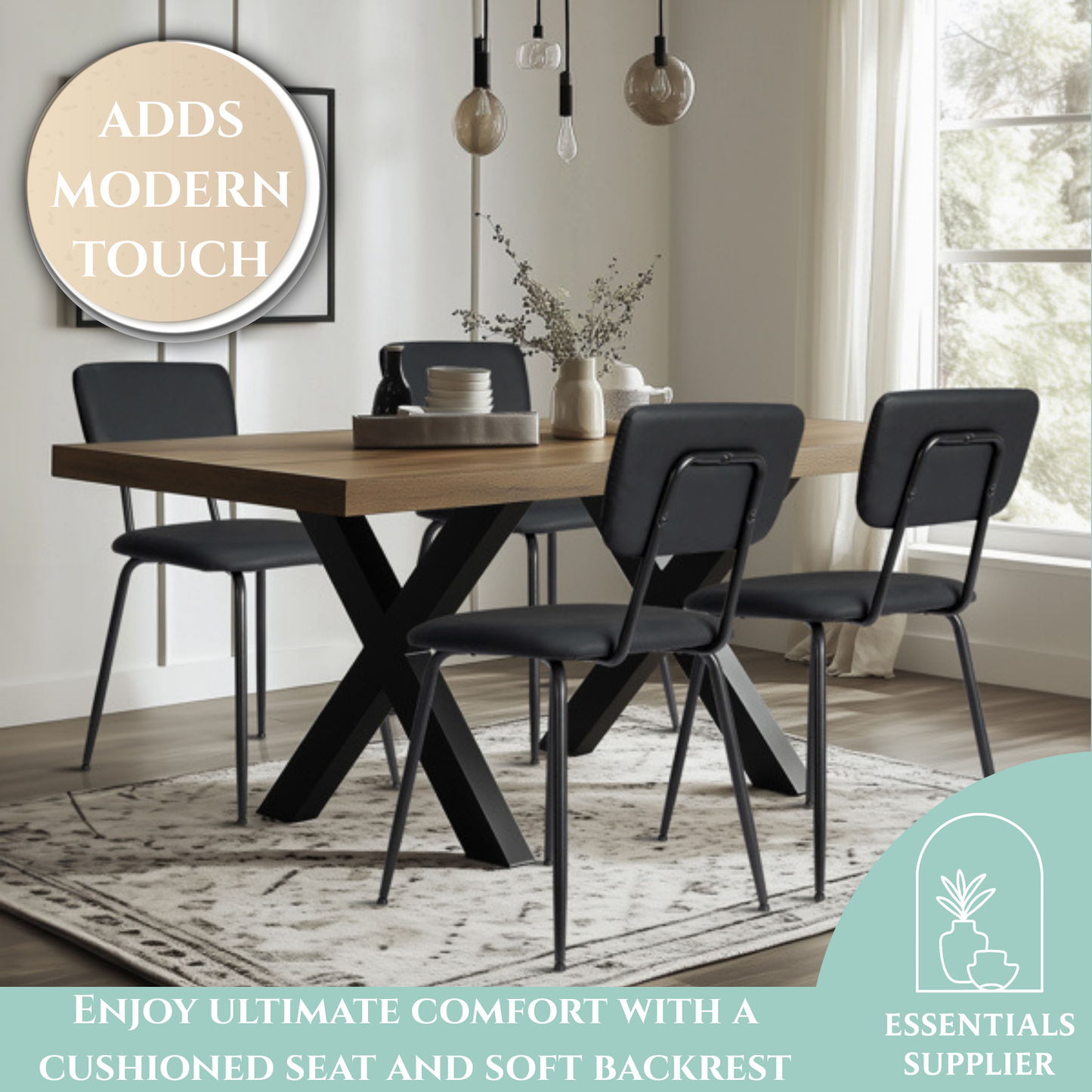 Set of 4 Modern Black Padded Dining Chairs for Kitchen, Bar & Office Use