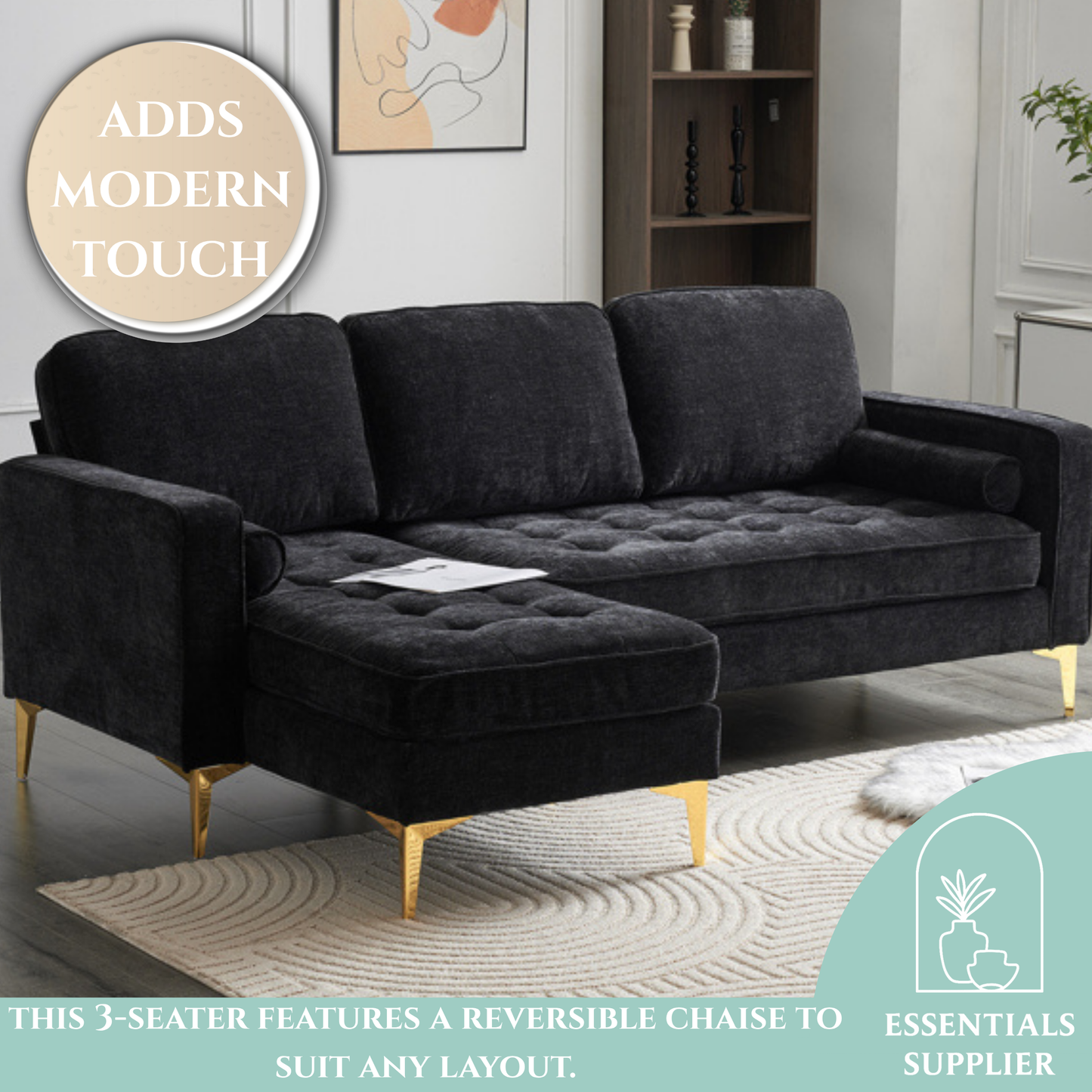 3-Seater Chenille Modular Sofa with Footstool, Gold Legs – Black