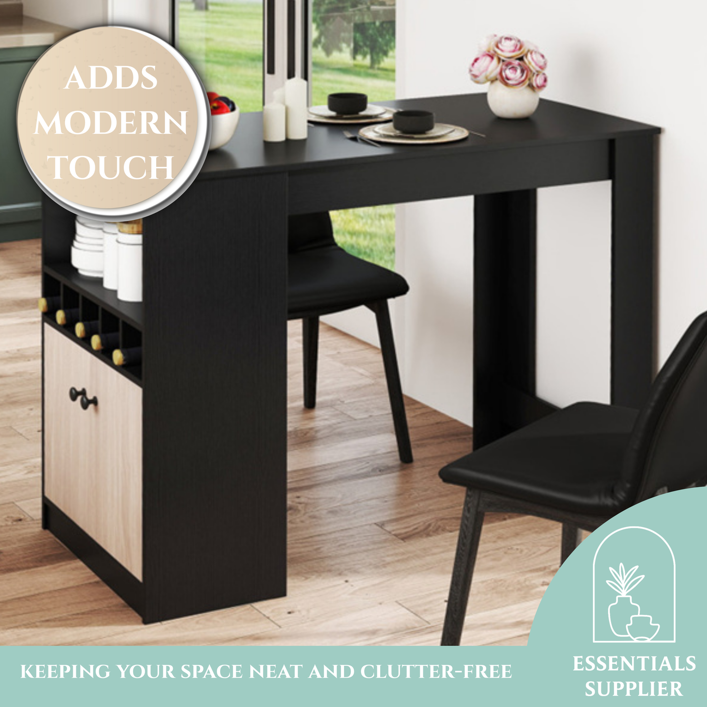 48" Black Kitchen Bar Table with Storage Cabinet and Built-In Wine Rack