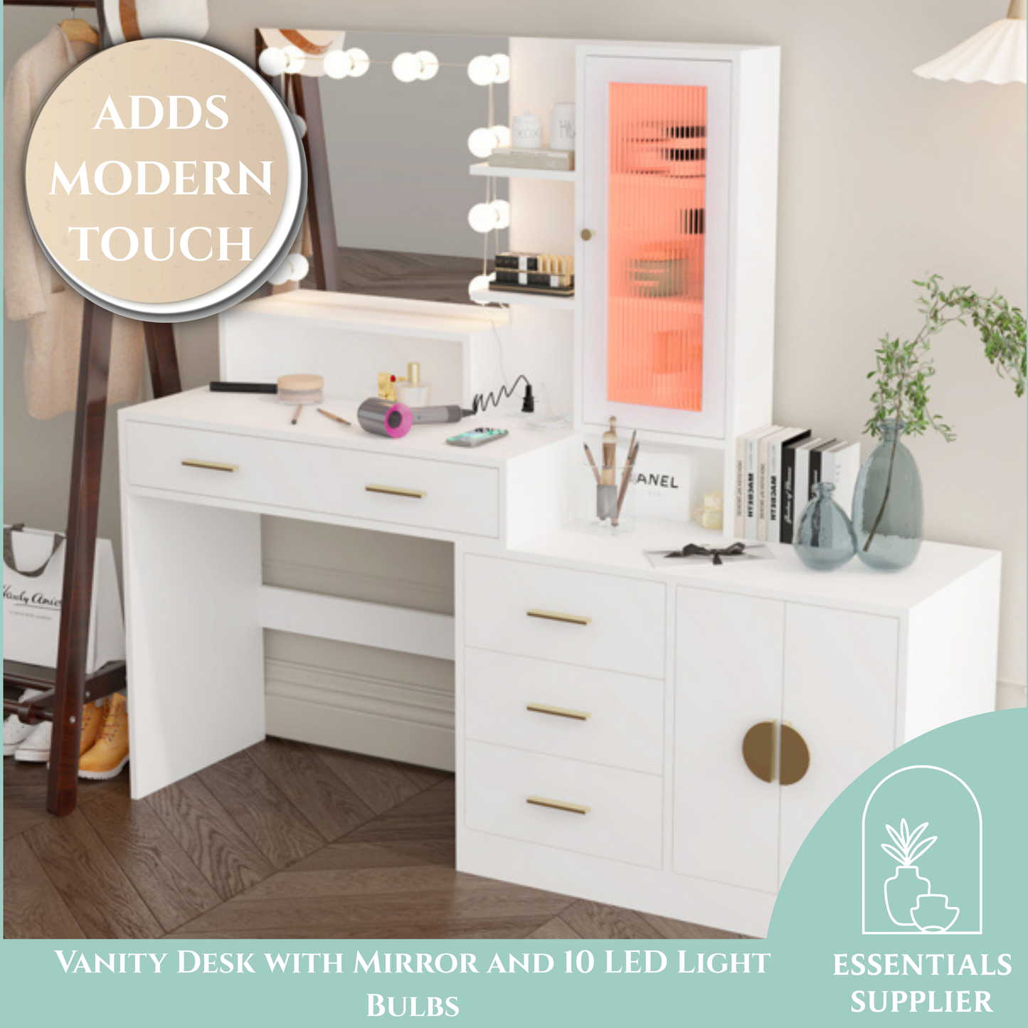 Large Vanity Table with Mirror, LED Lights, Drawers & Charging Station, White