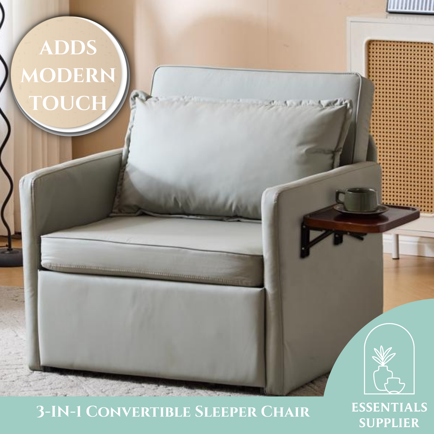 3-in-1 Sleeper Chair Bed with USB Tray, Light Grey Leather Convertible Sofa
