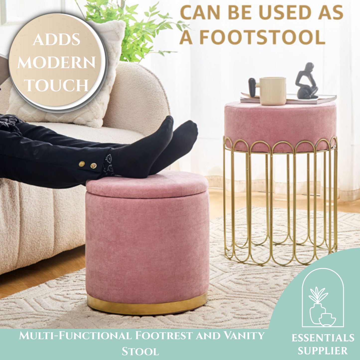 Set of 2 Round Velvet Storage Ottomans with Removable Lids – Pink