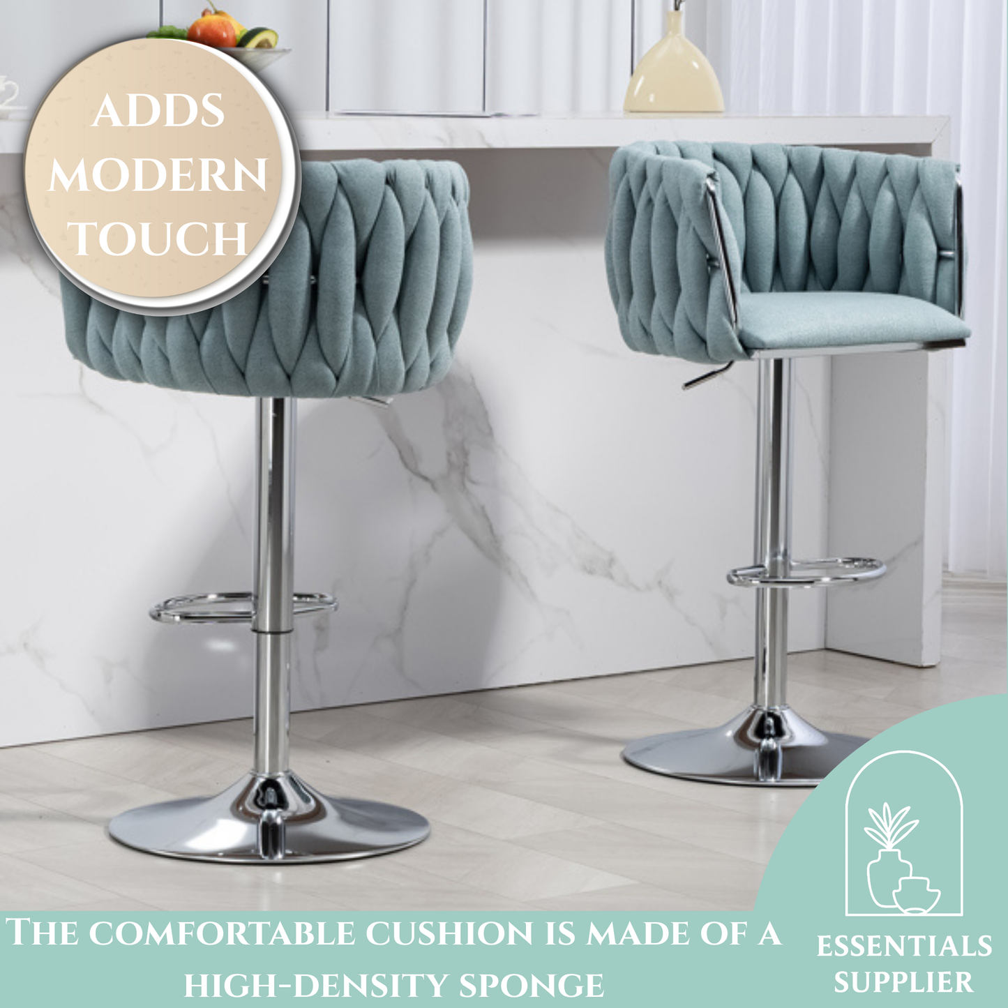 Set of 2 360° Swivel Fabric Bar Stools with Woven Back, Adjustable Height, Blue